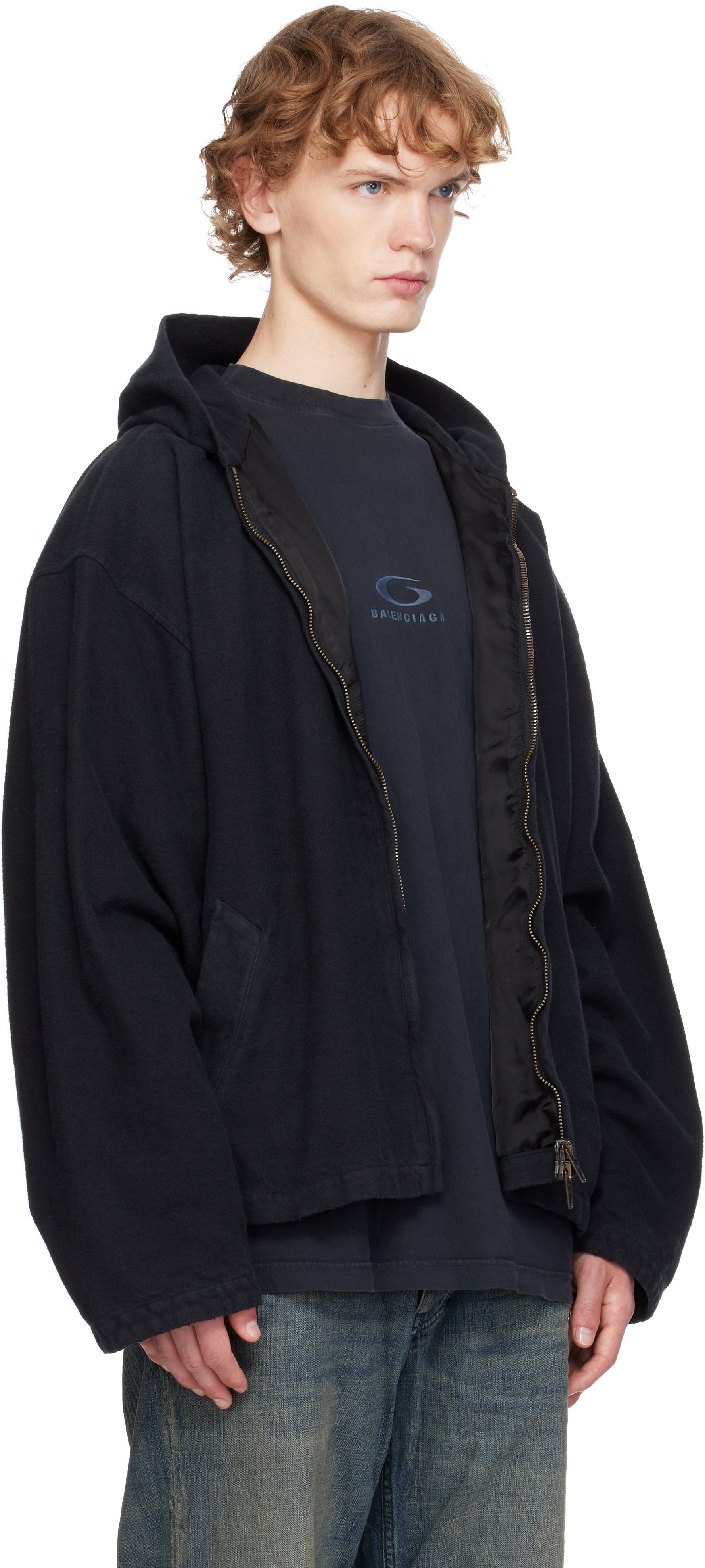 balenciaga x  ダブルジップフーディー　黒　M 美品 Balenciaga: ブラック フード付き ジップアップジャケット | SSENSE 日本