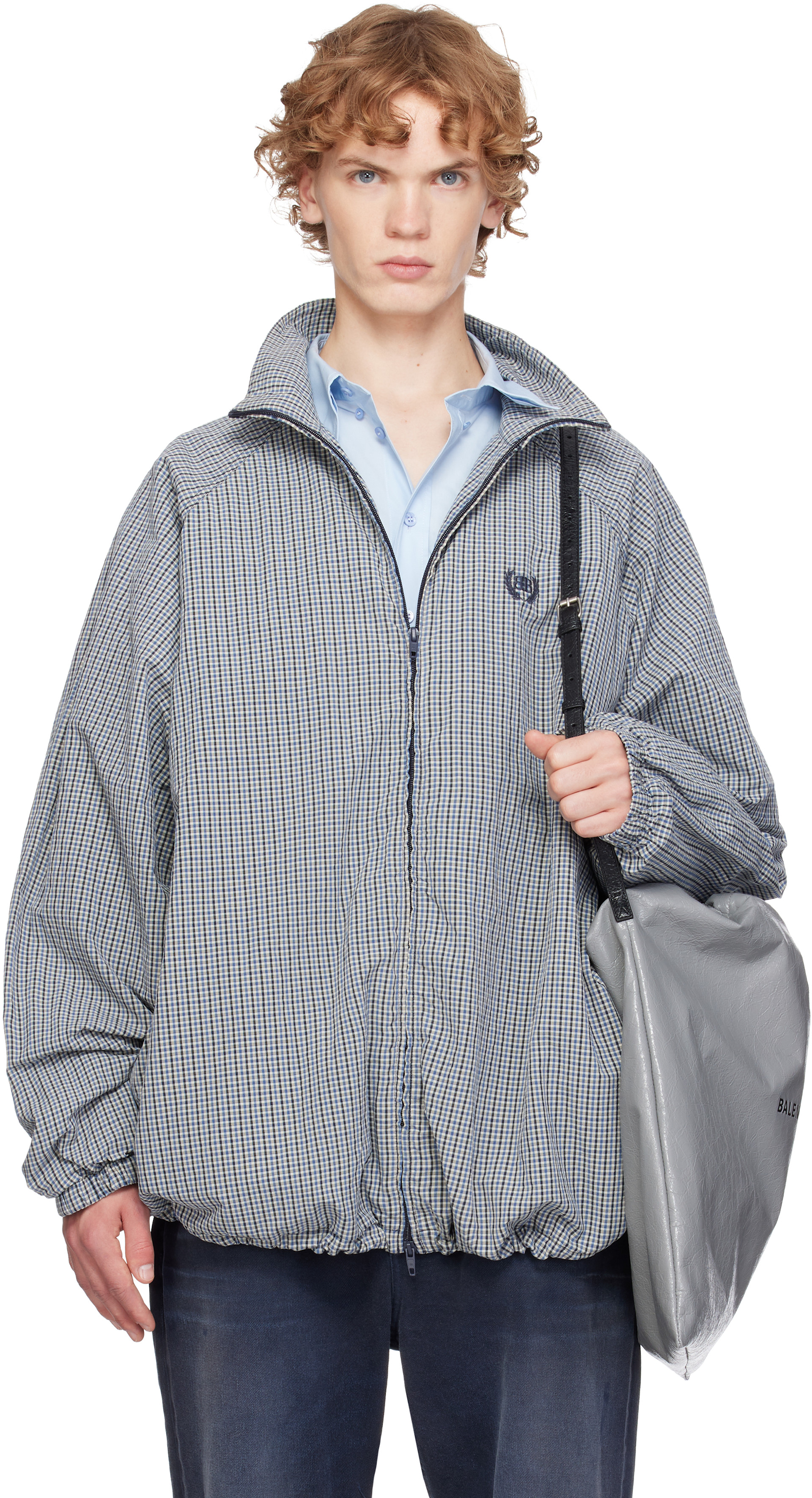 Balenciaga: Blue & Beige Cotton Linen Check Zip-Up Jacket | SSENSE