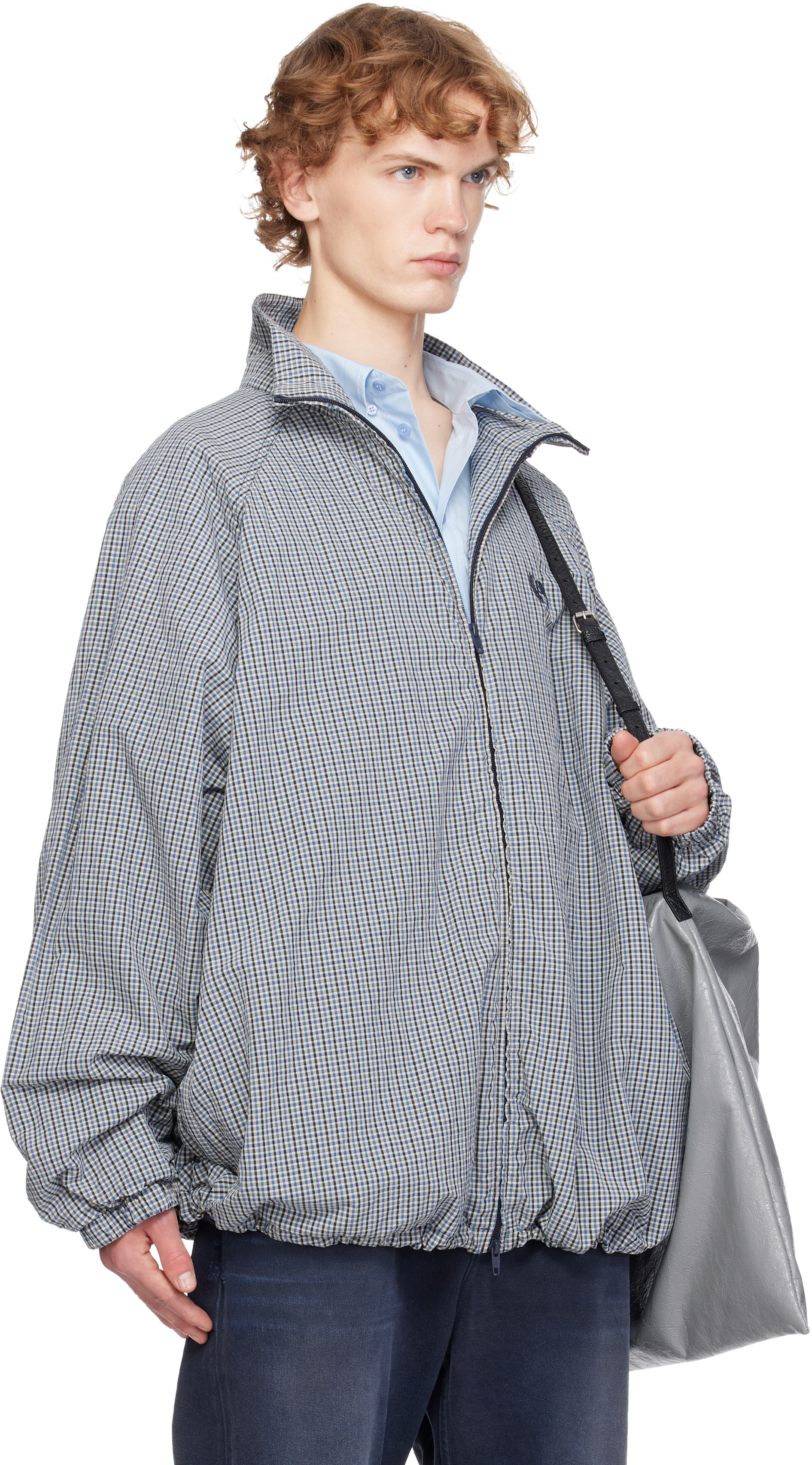 Balenciaga: Blue & Beige Cotton Linen Check Zip-Up Jacket | SSENSE