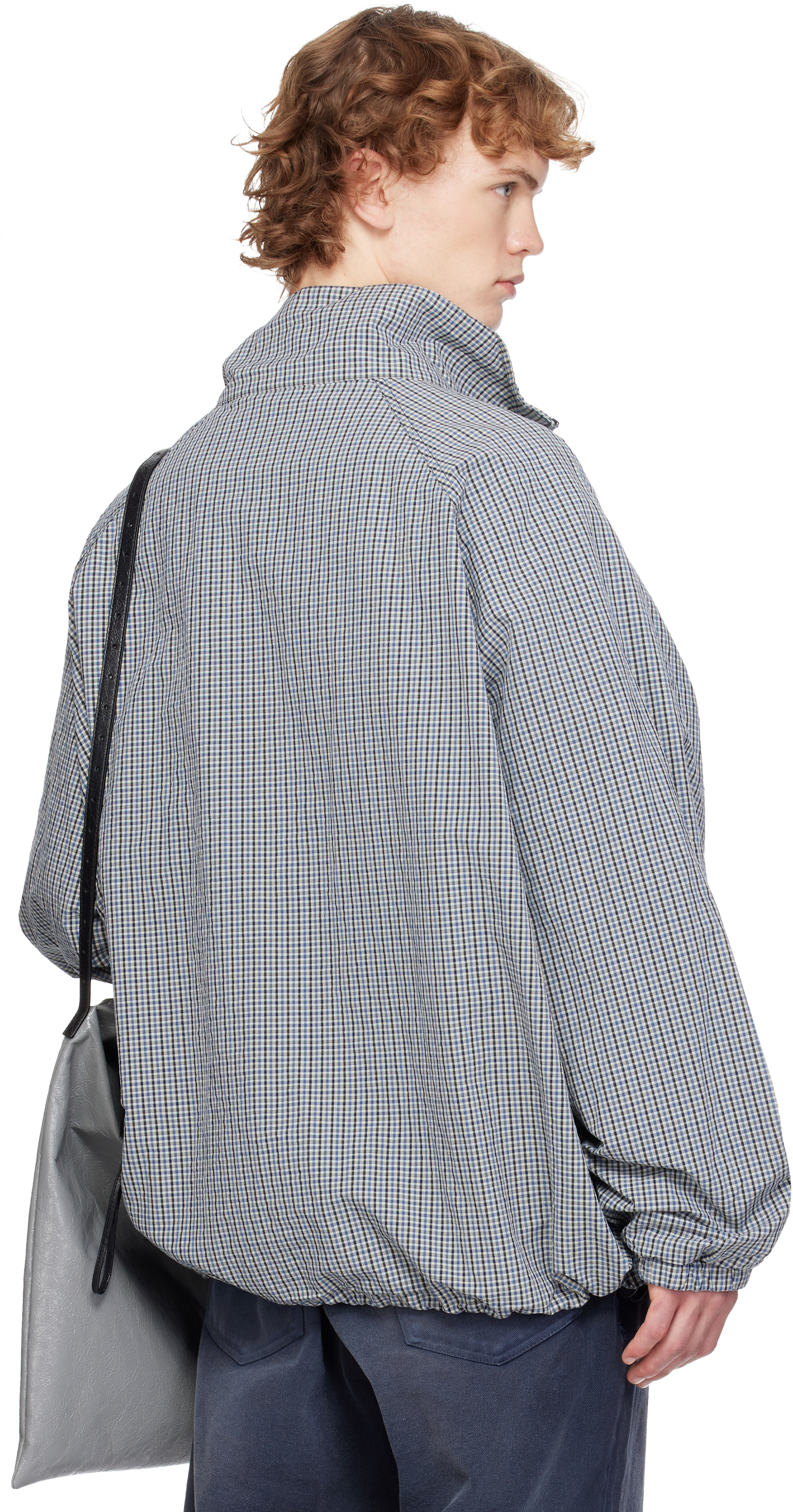 Balenciaga: Blue & Beige Cotton Linen Check Zip-Up Jacket | SSENSE