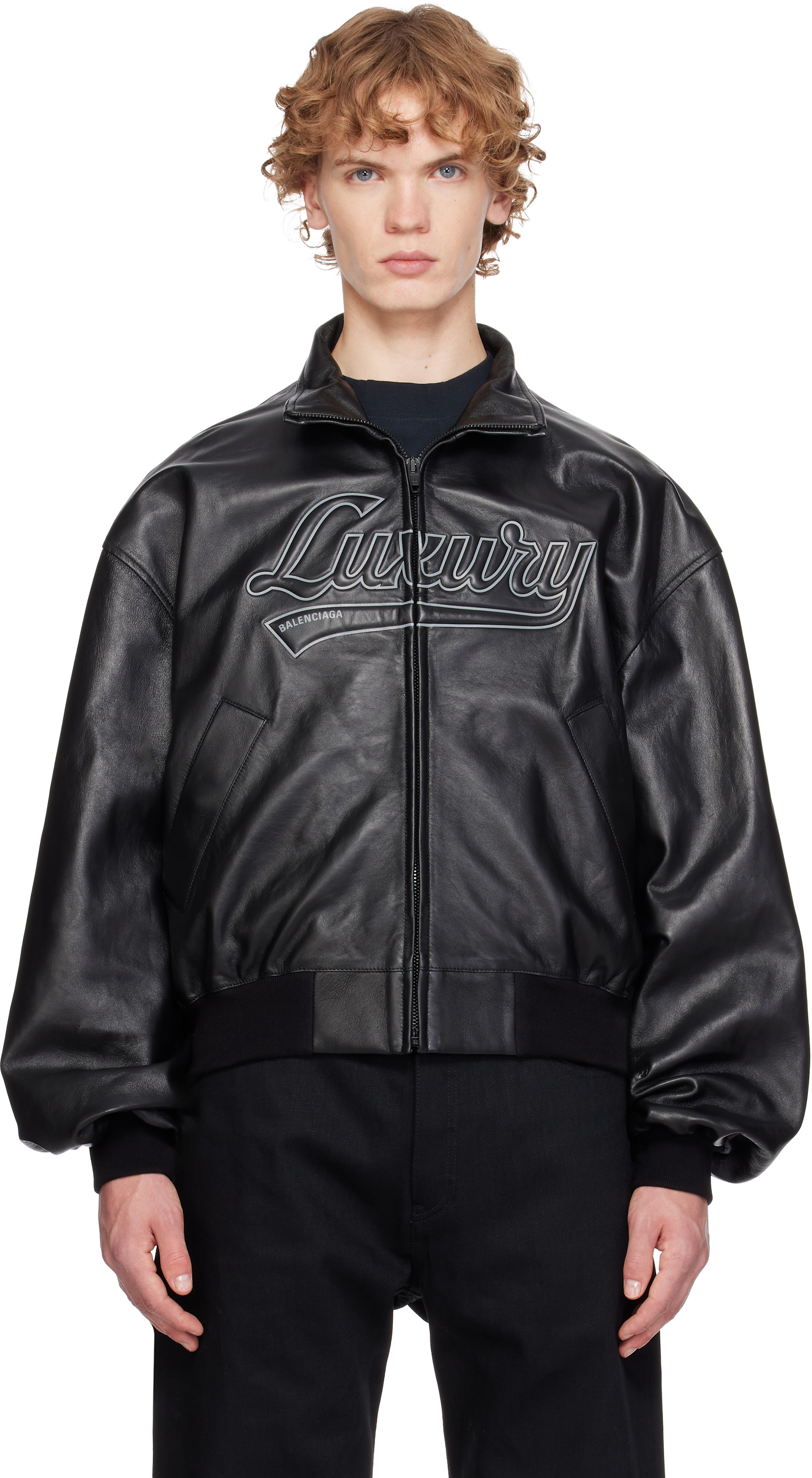 Balenciaga: ブラック スムース セミ グレイニーレザー ボンバー