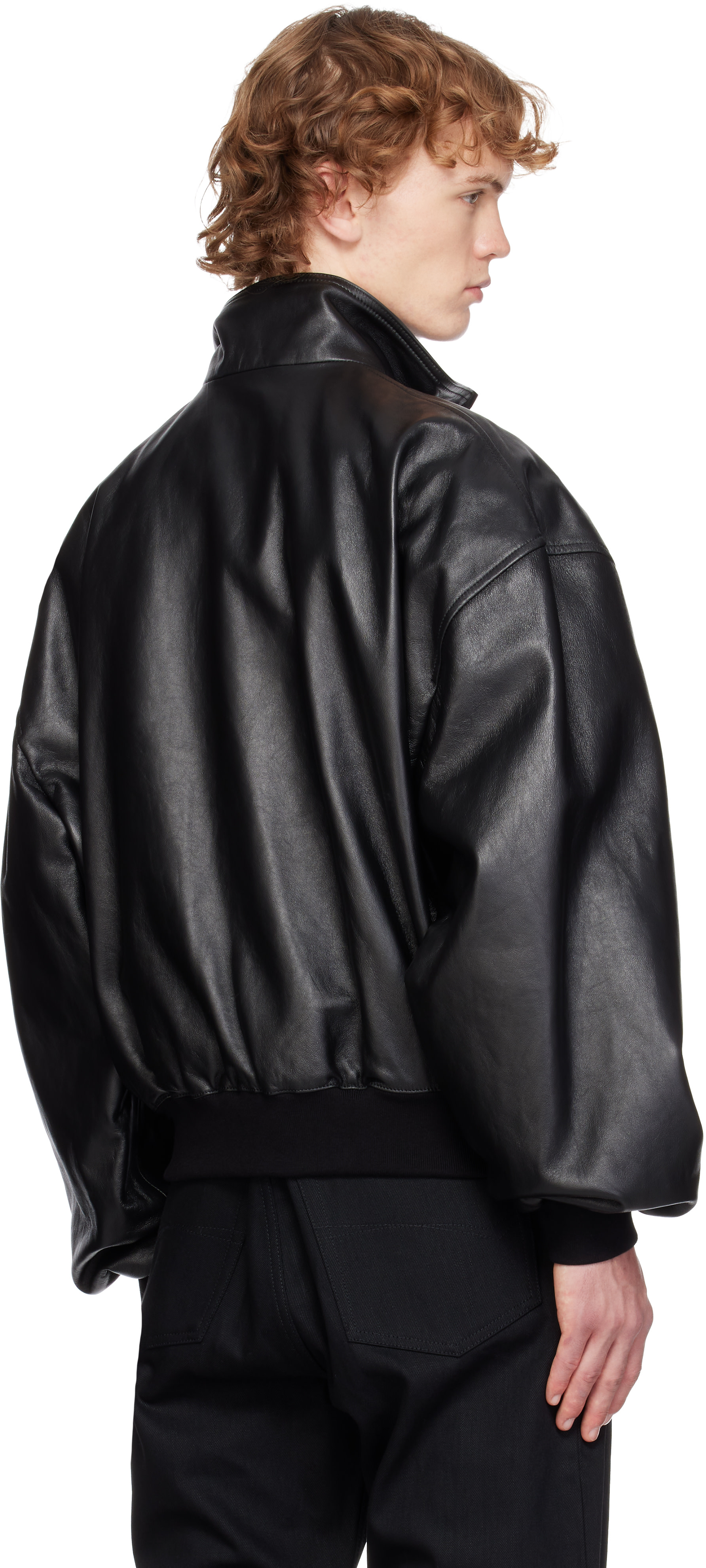 Balenciaga: ブラック スムース セミ グレイニーレザー ボンバー