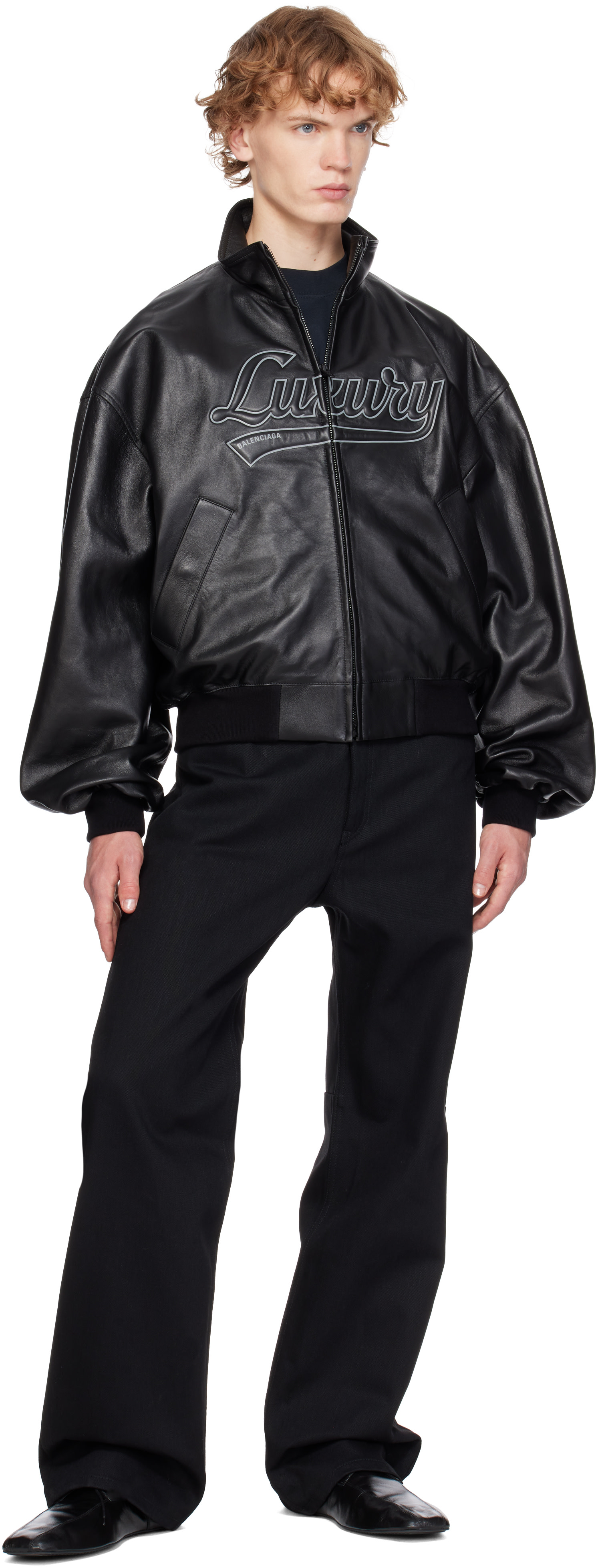 Balenciaga: ブラック スムース セミ グレイニーレザー ボンバー