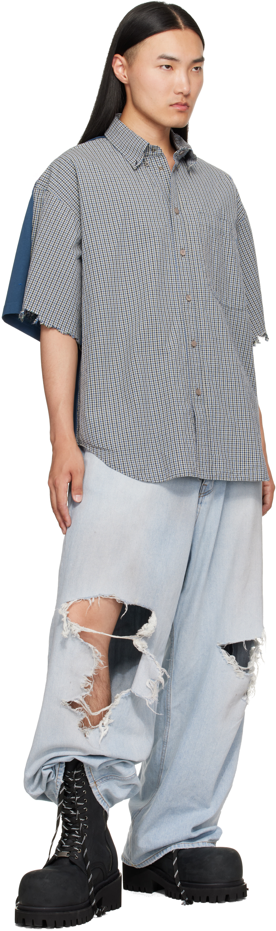 Balenciaga: Blue Check Hybrid Shirt | SSENSE Canada