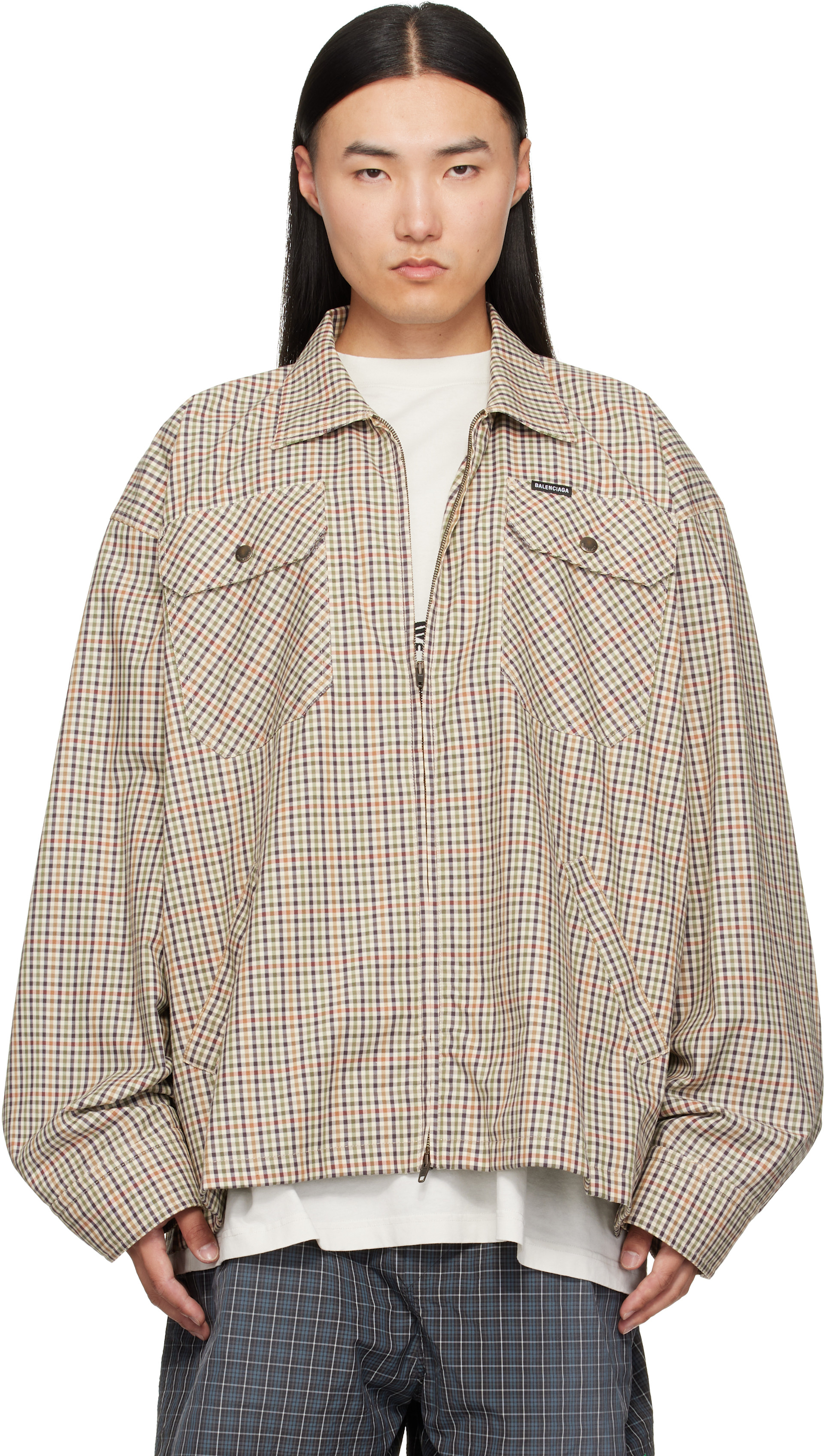 BALENCIAGA チェック柄クッション Balenciaga: Beige Check Flannel Zip-Up Shirt | SSENSE