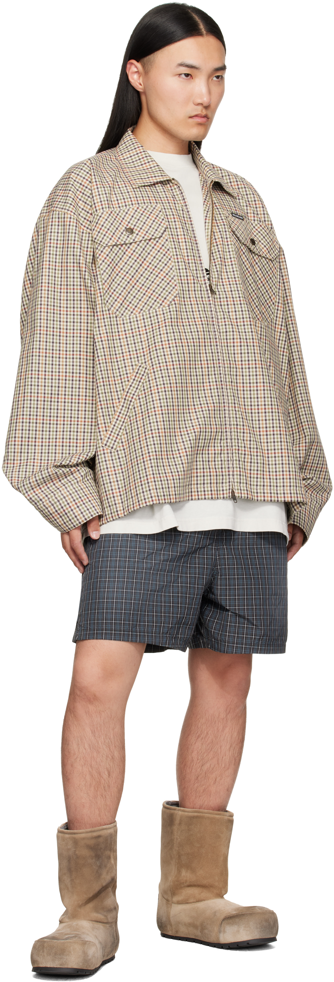 Balenciaga: Beige Check Flannel Zip-Up Shirt | SSENSE