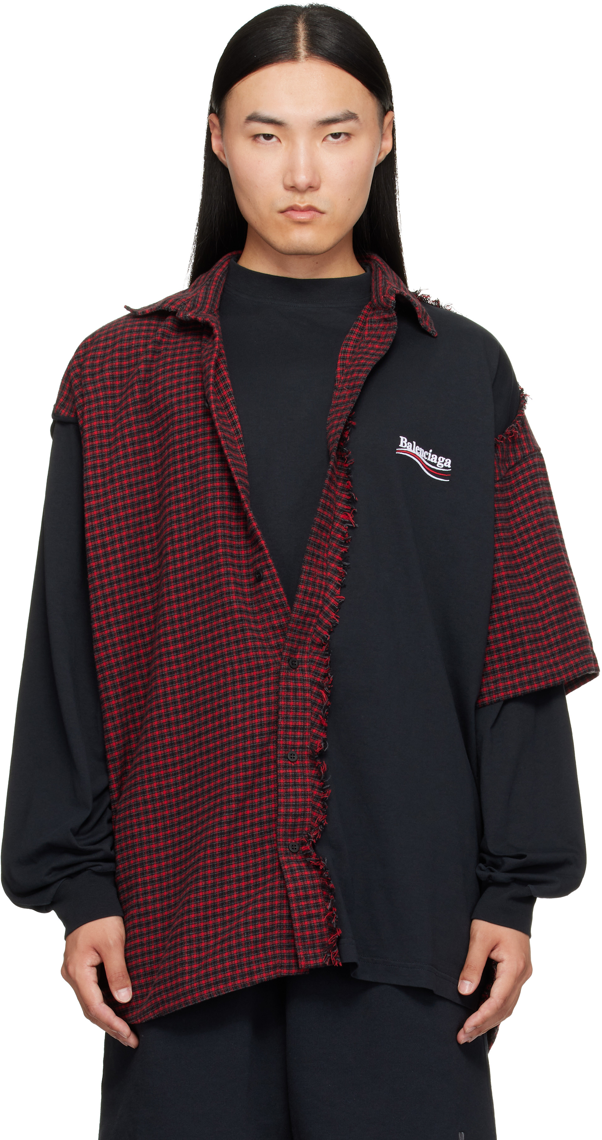 Balenciaga: レッド＆ブラック チェック パッチ シャツ | SSENSE 日本