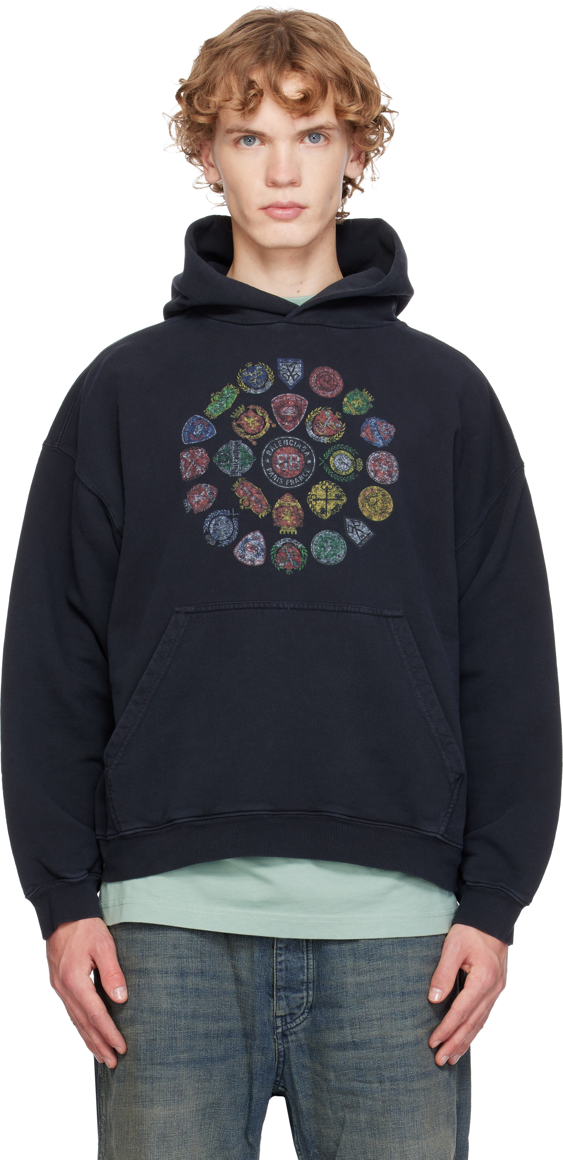 Balenciaga - Pull à capuche ample noir à logo en spirale