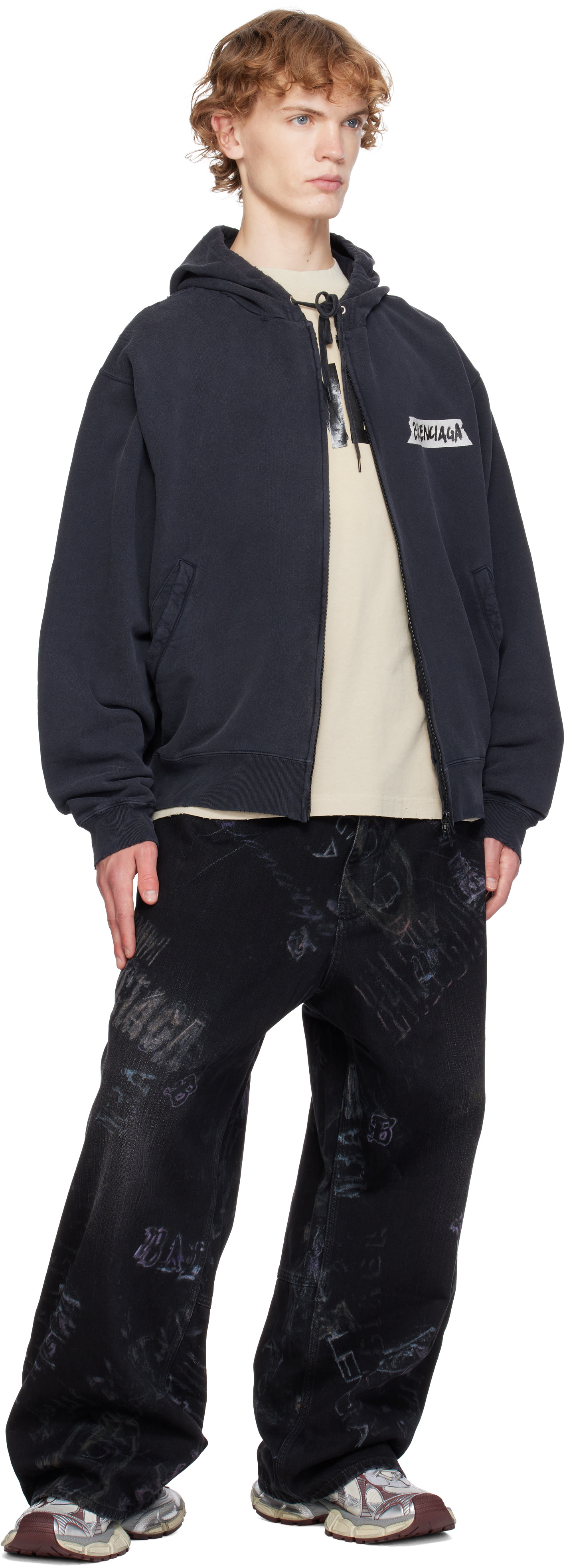 Balenciaga: Black Masking Tape Oversized Zip-Up Hoodie | SSENSE