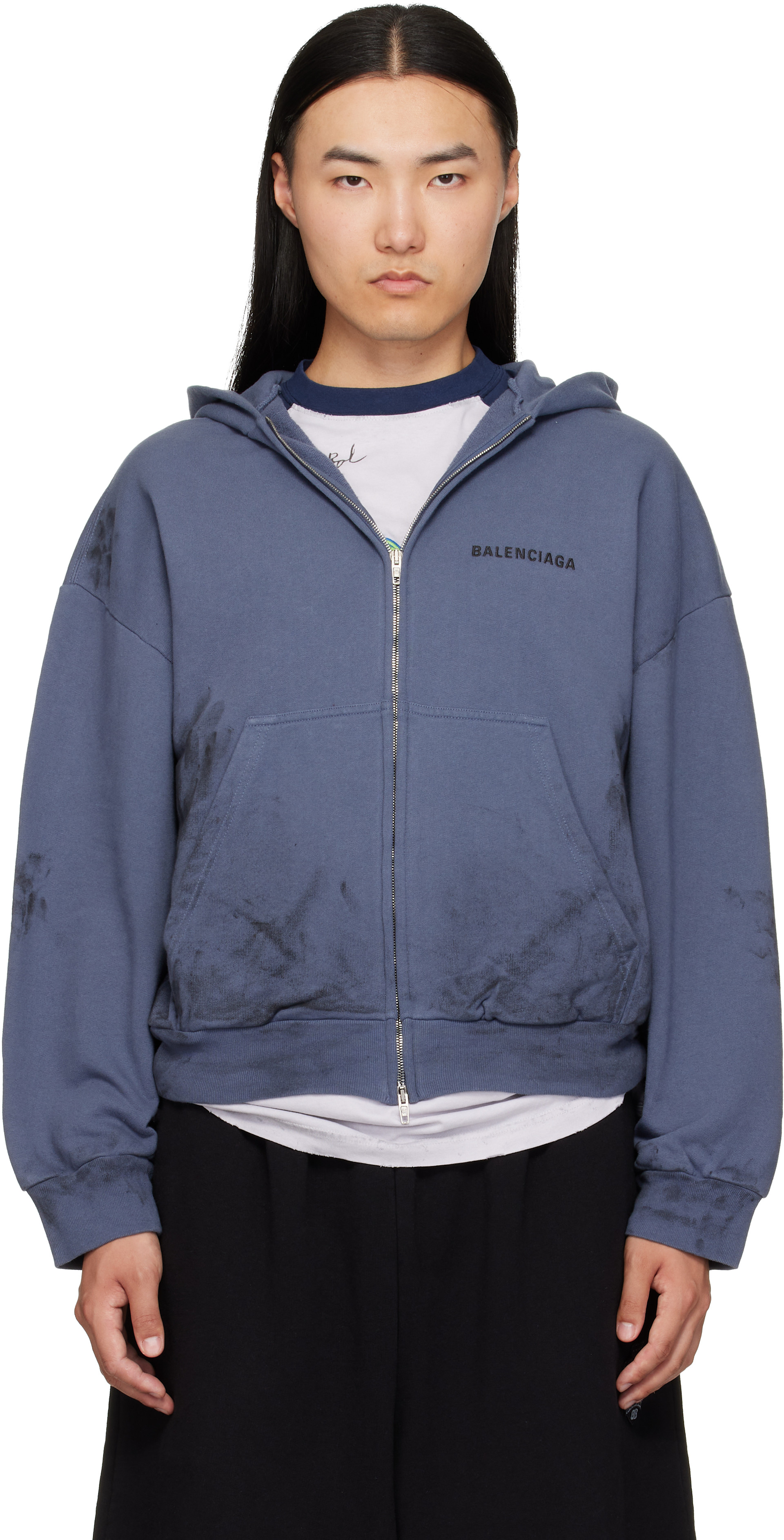 Balenciaga - Pull à capuche bleu teint à glissière