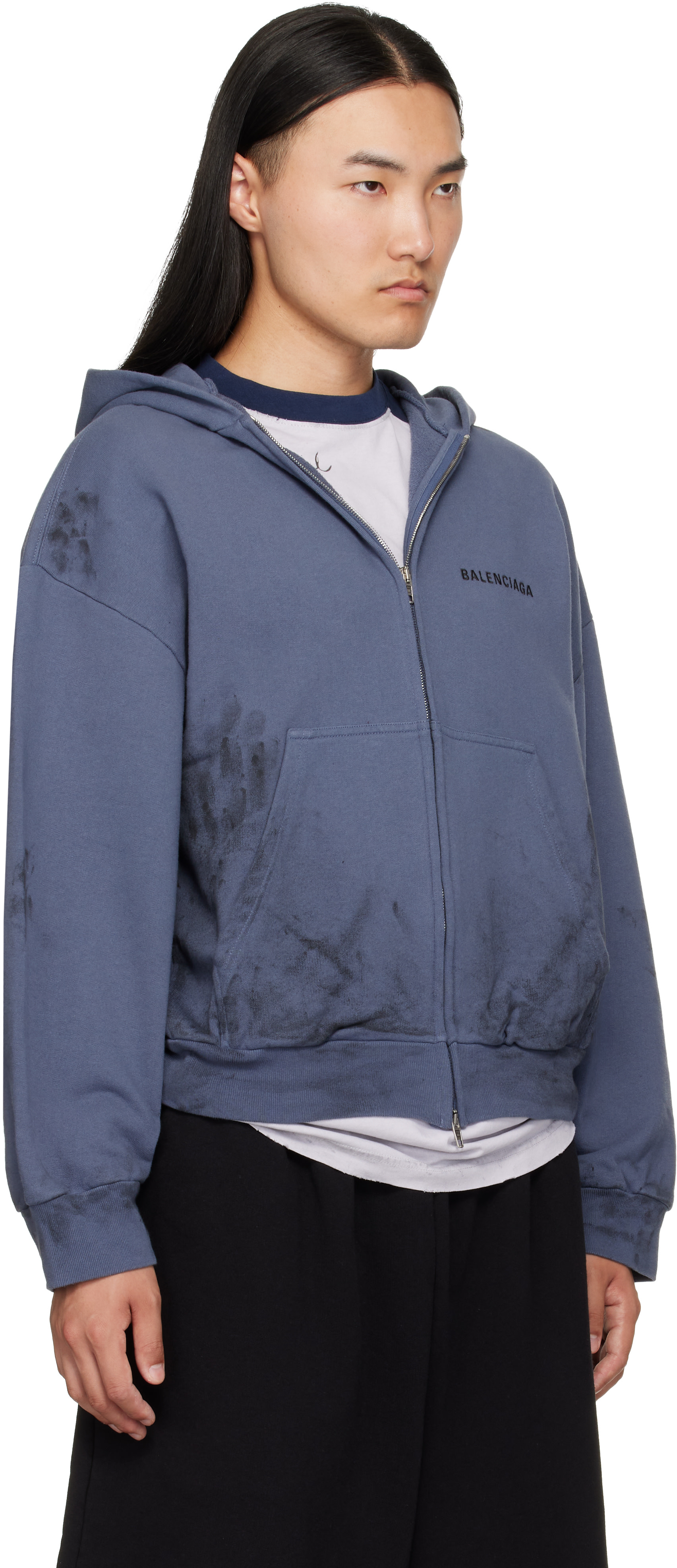 Balenciaga - Pull à capuche bleu teint à glissière