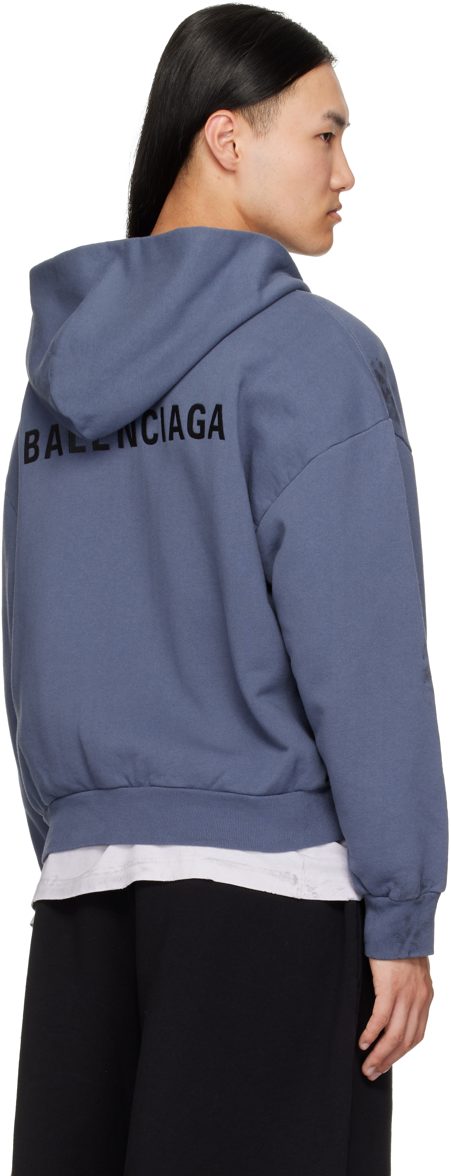 Balenciaga - Pull à capuche bleu teint à glissière