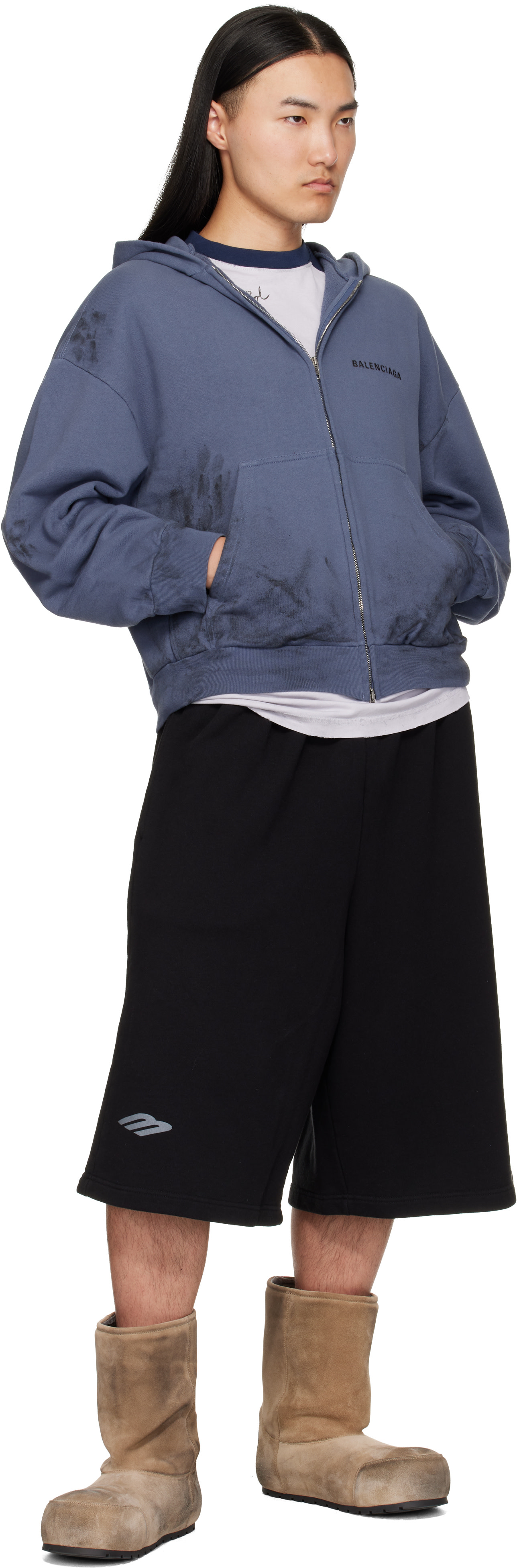 Balenciaga - Pull à capuche bleu teint à glissière