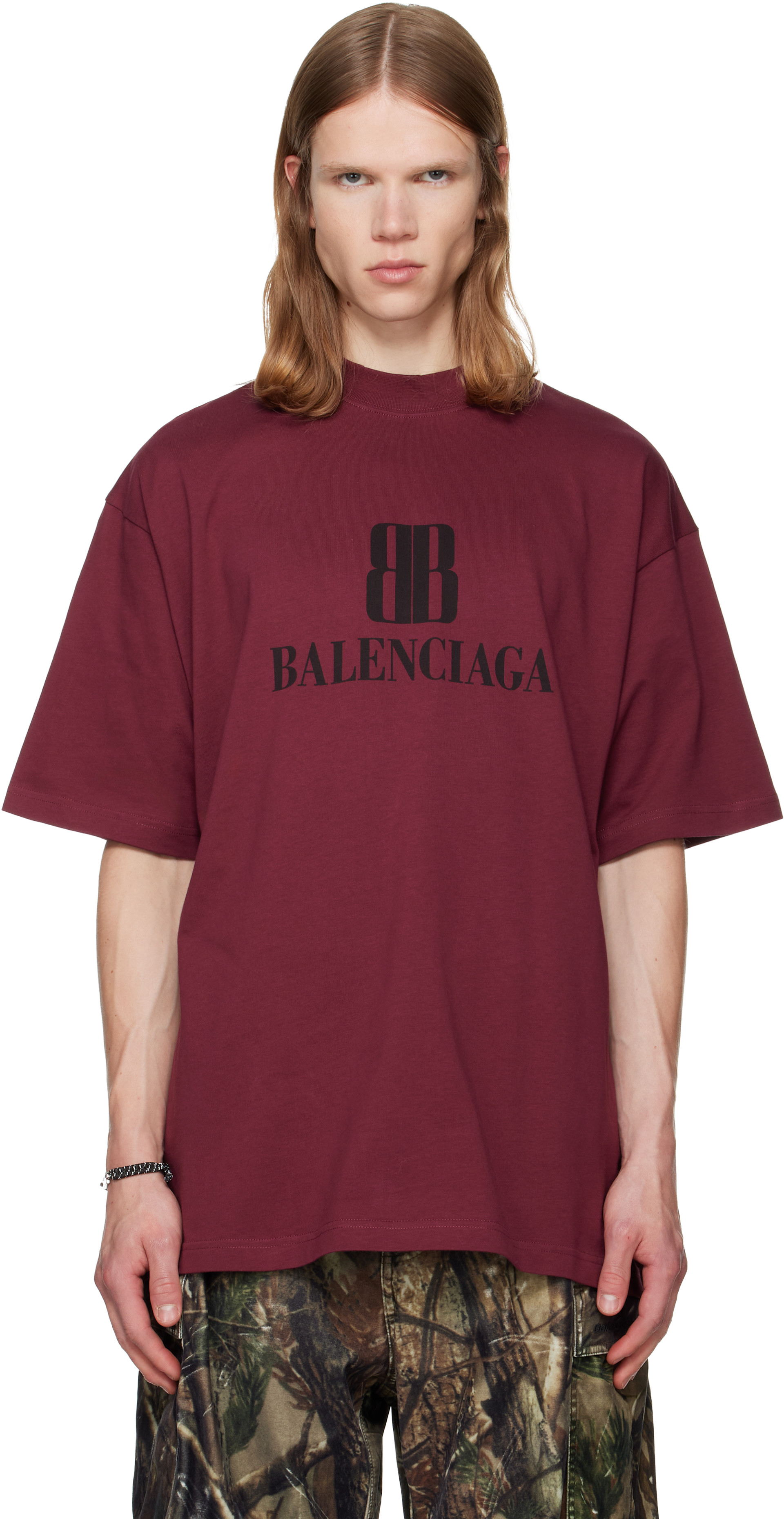 Balenciaga: Burgundy Nano BB Medium Fit T-shirt | SSENSE