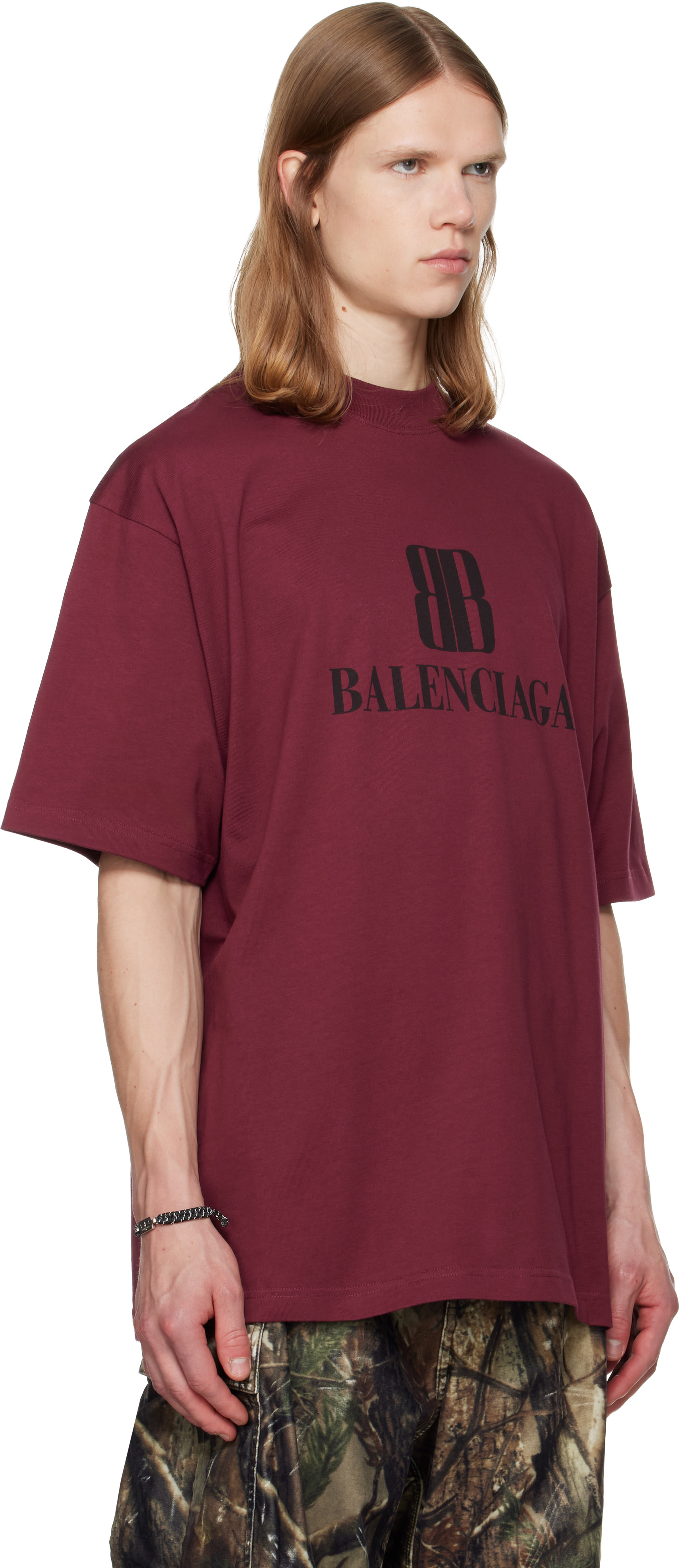 BALENCIAGA ワインレッド Tシャツ Balenciaga: Burgundy Nano BB Medium Fit T-shirt | SSENSE