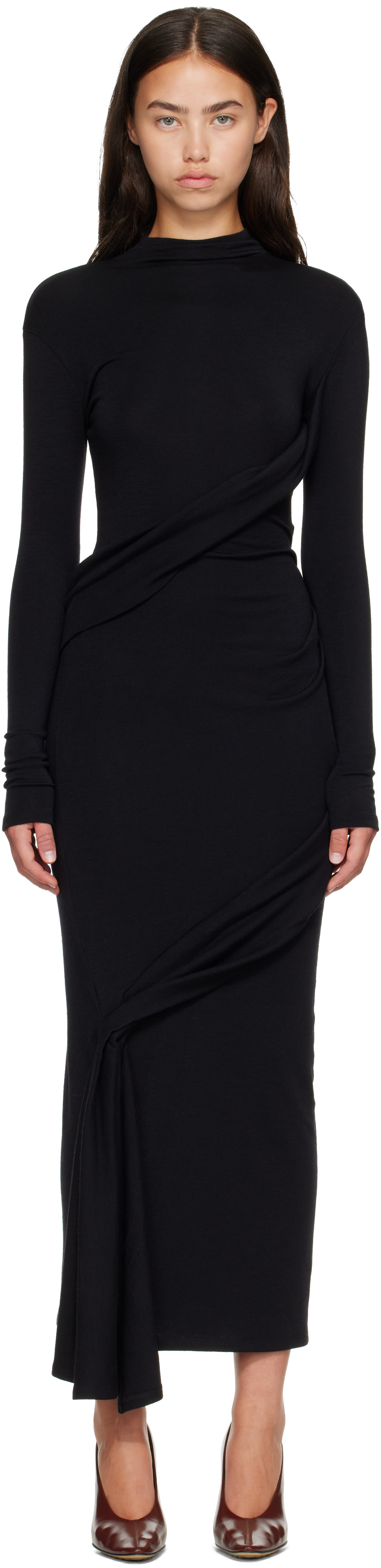Mugler - Robe longue drapée noire à col roulé