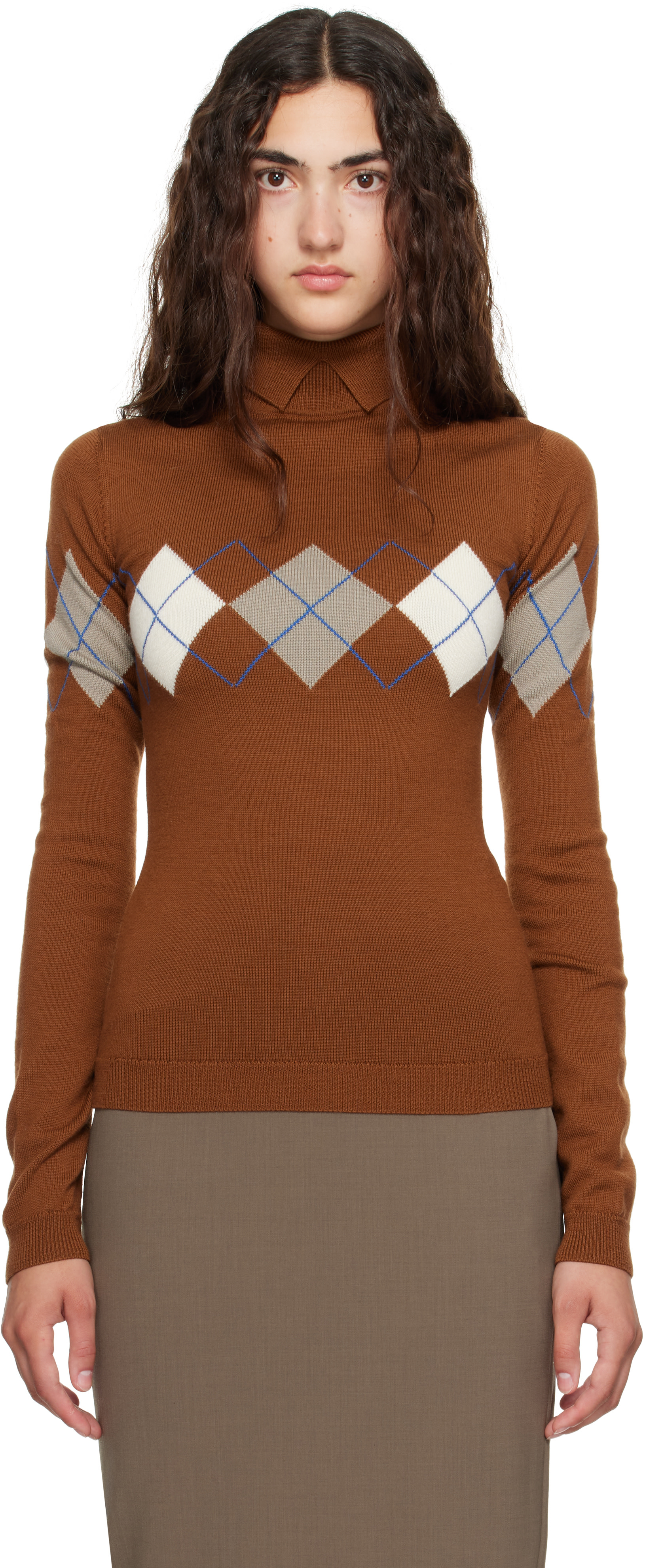 Mugler - Tan Argyle Turtleneck