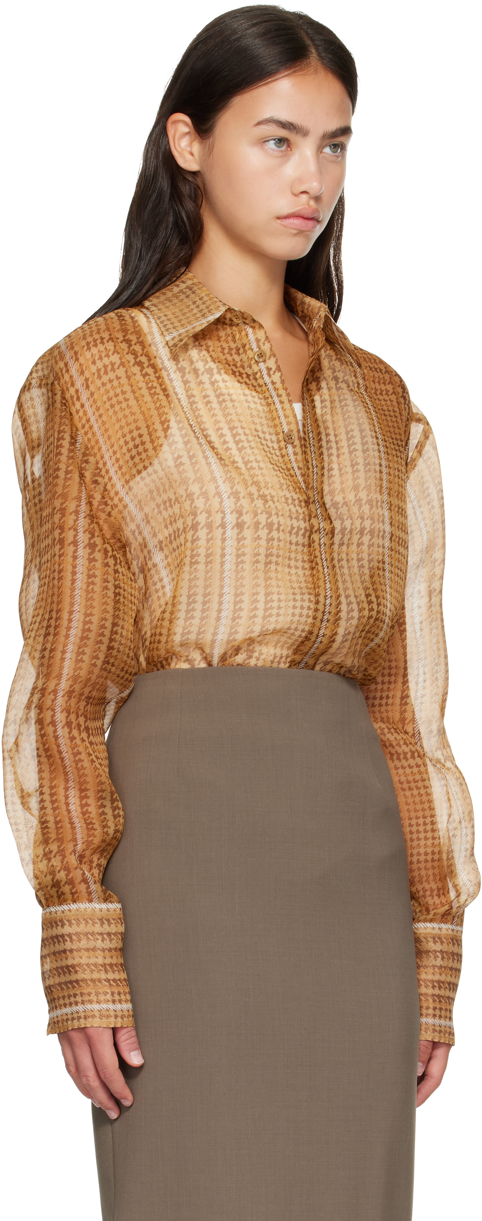 蜜*柑様 Sheer Pleats Shirts Inspired by Moo Mugler: Tan Sheer Organza Shirt | SSENSE