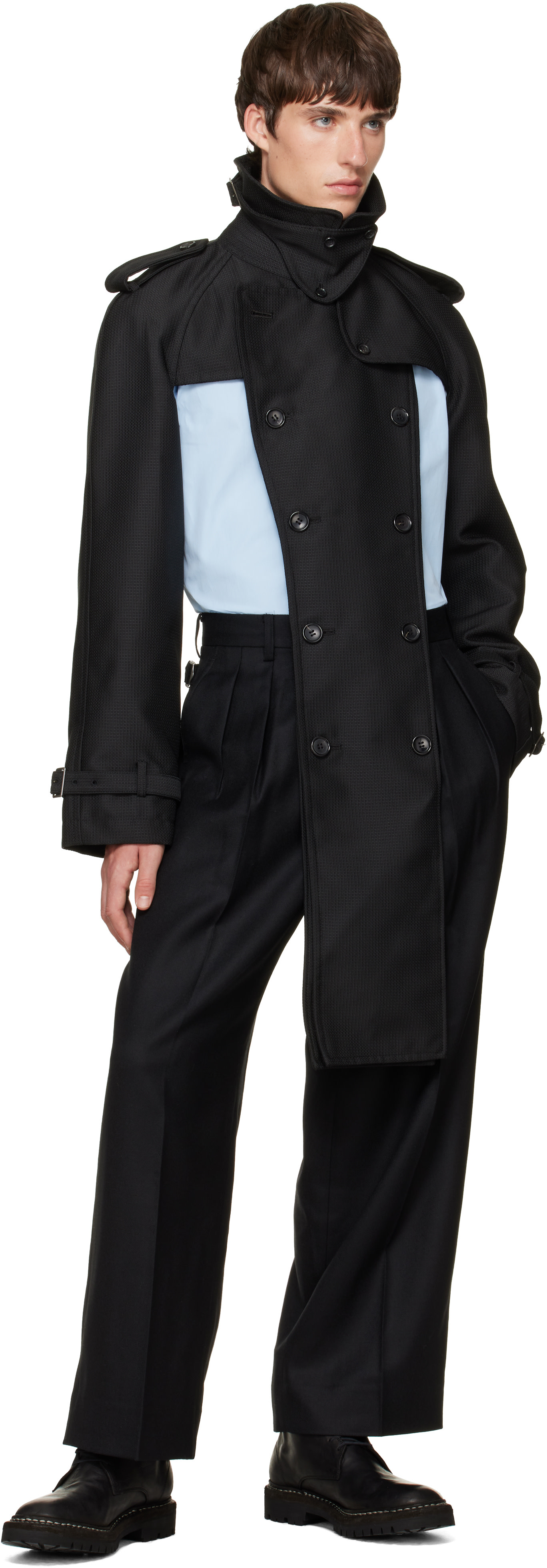 97AW COMME des GARÇONS HOMME PLUS ニットコート Comme des Garçons Homme Plus: ブラック ドビークロス トレンチコート
