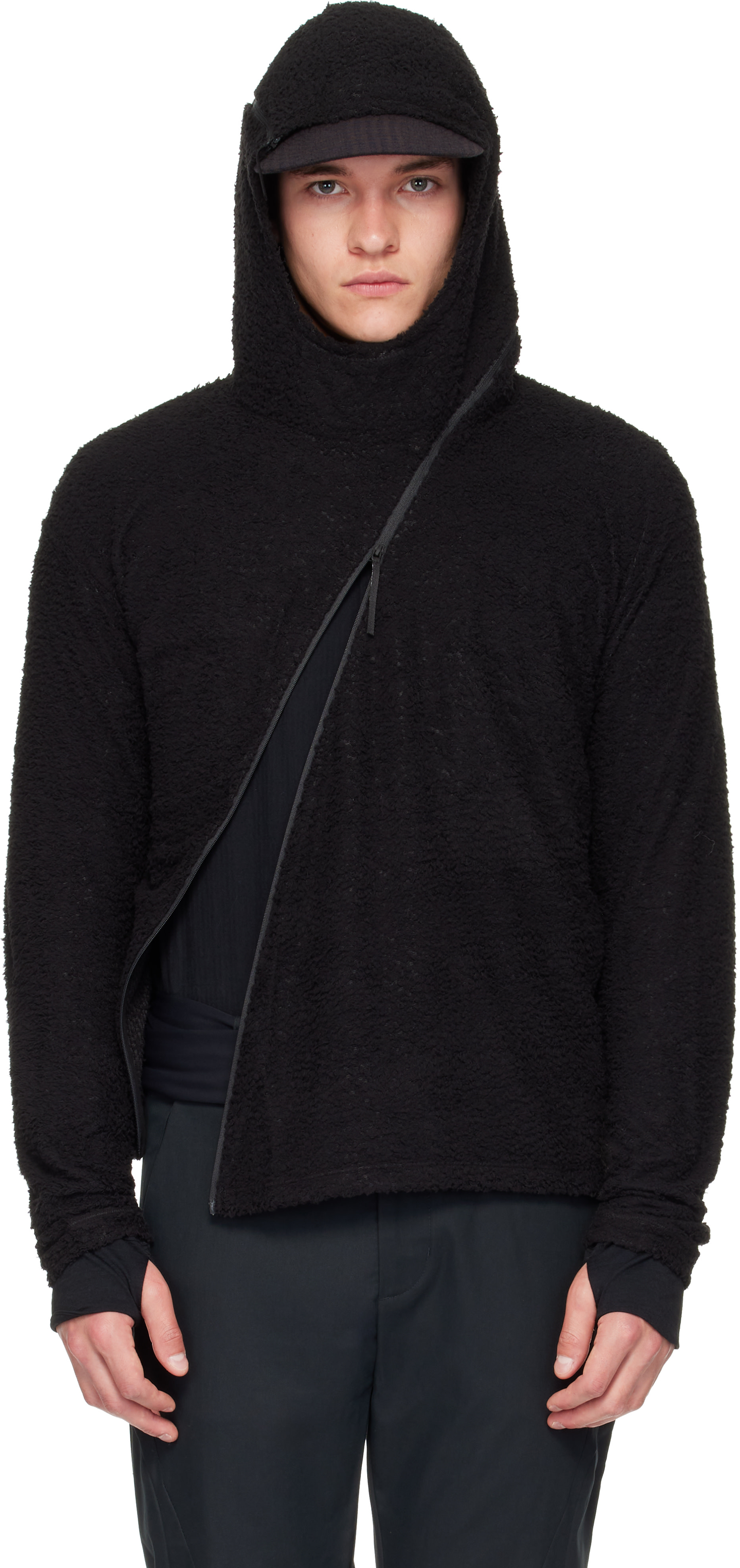 POST ARCHIVE FACTION (PAF): Black Curved Fleece Hoodie | SSENSE Canada