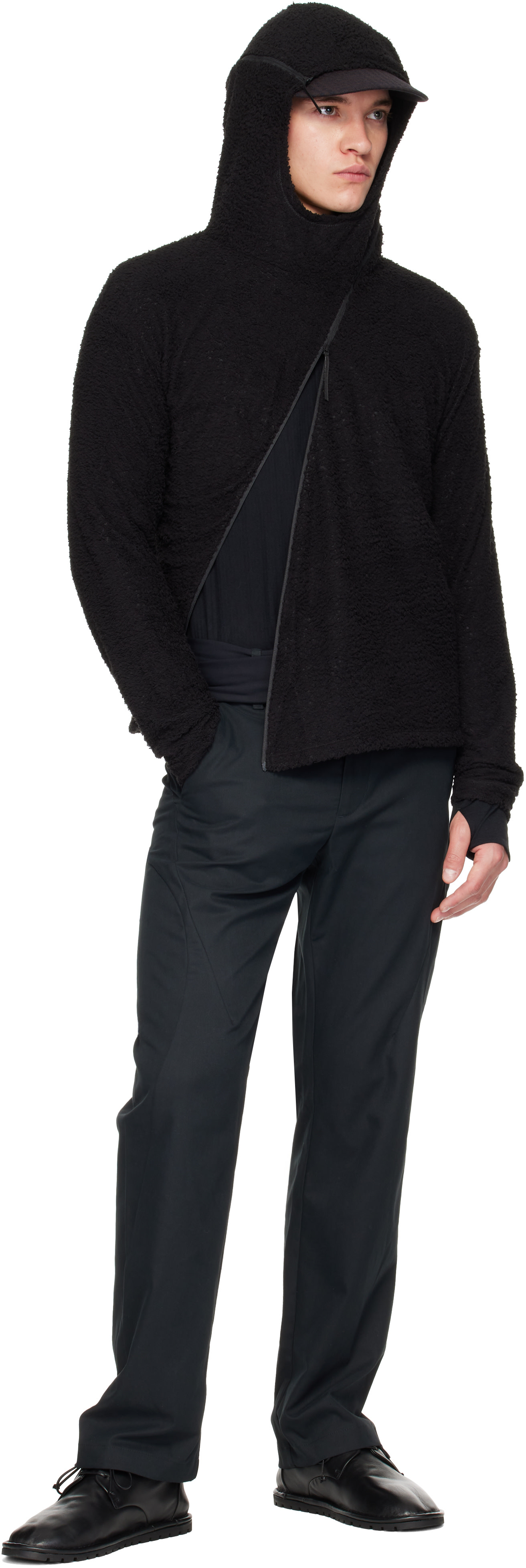 POST ARCHIVE FACTION (PAF): Black Curved Fleece Hoodie | SSENSE Canada