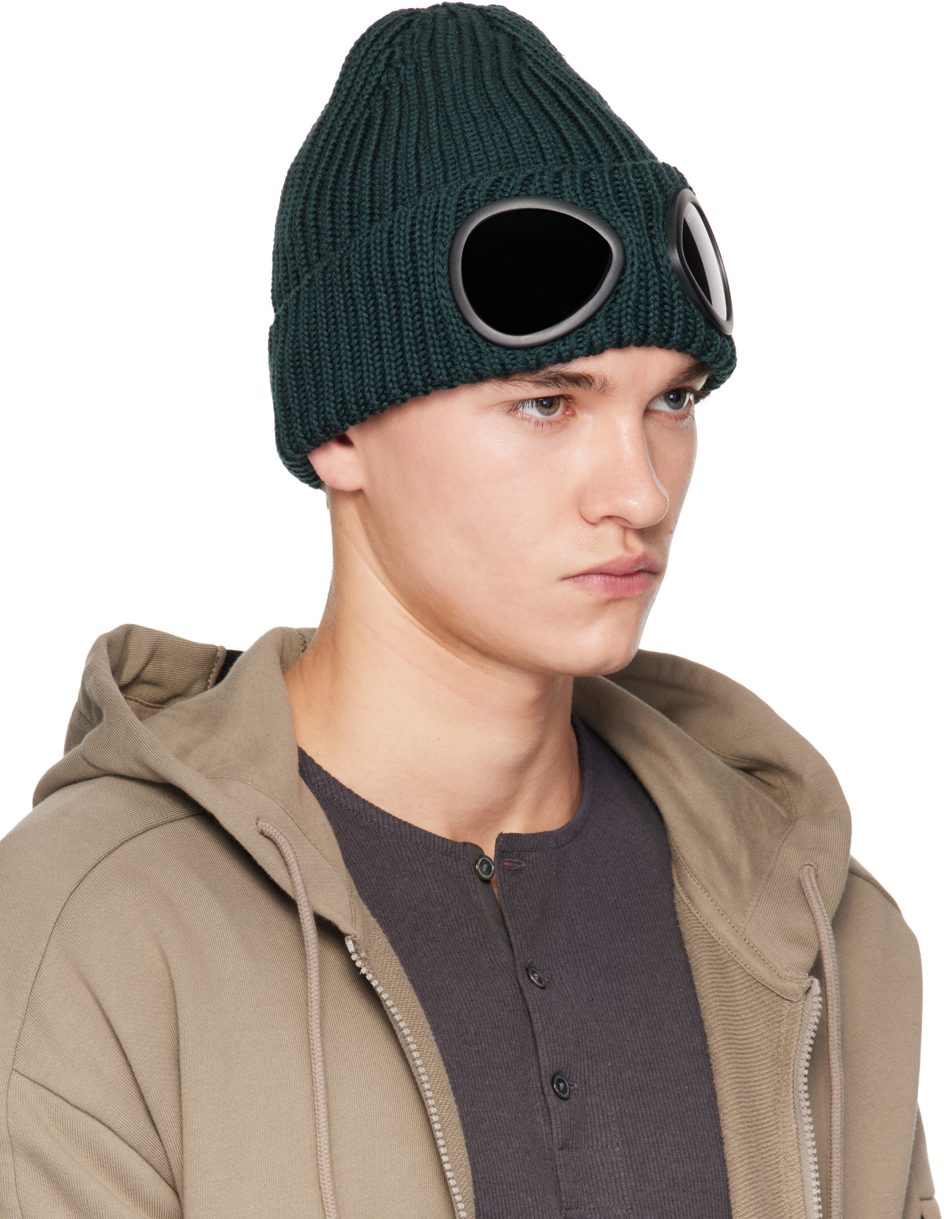 C.P. Company: Green Extrafine Merino Wool Goggle Beanie | SSENSE
