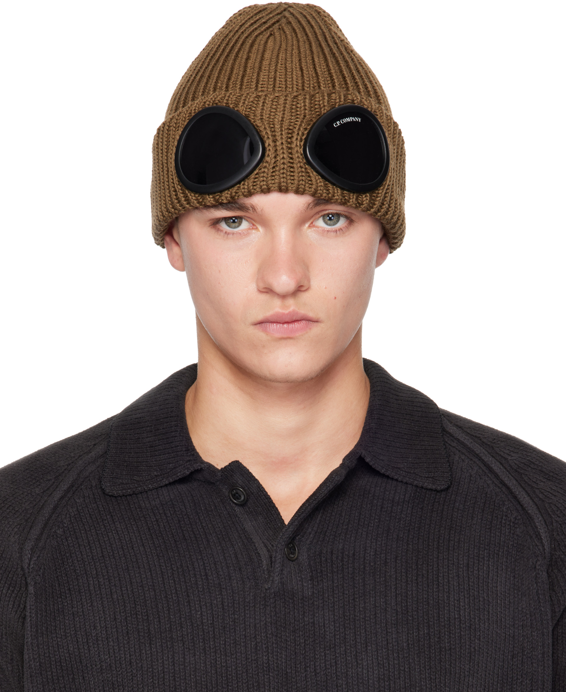 C.P. Company Goggle Beanie ゴーグルビーニー C.P. Company: Khaki Extrafine Merino Wool Goggle Beanie | SSENSE