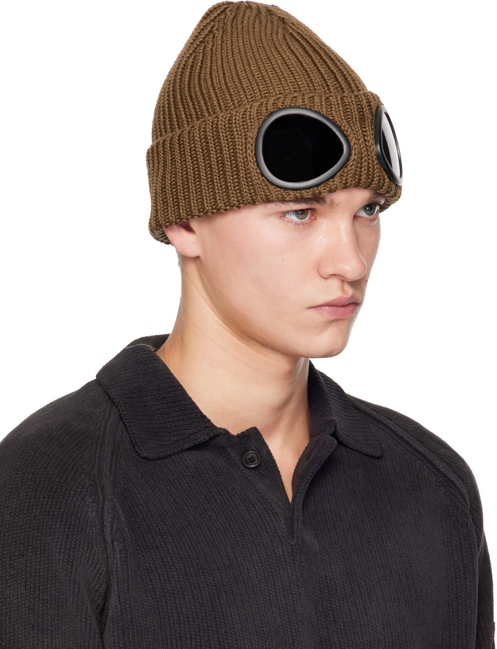 C.P. Company: Khaki Extrafine Merino Wool Goggle Beanie | SSENSE