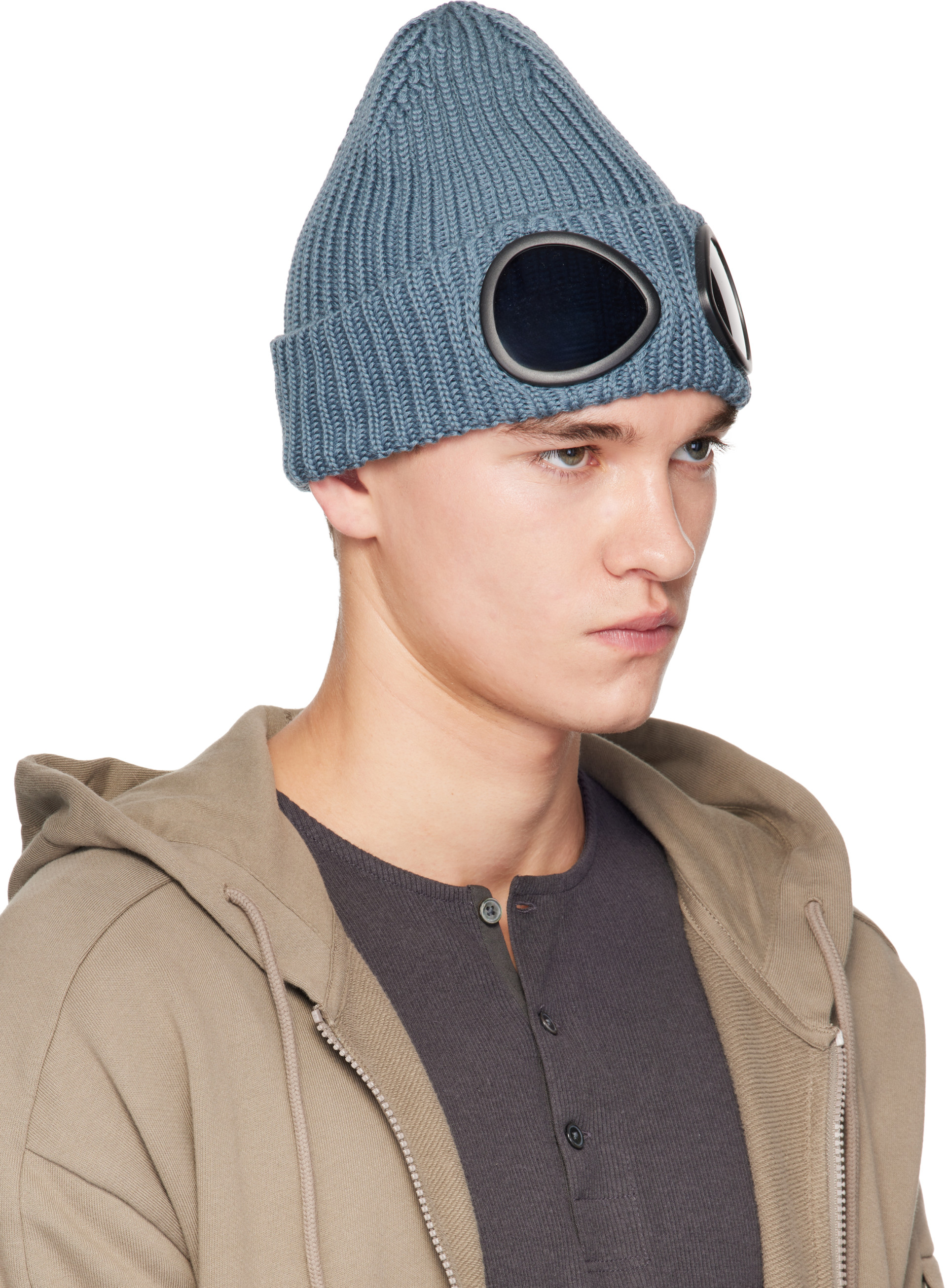 C.P. Company: Blue Extrafine Merino Wool Goggle Beanie | SSENSE Japan
