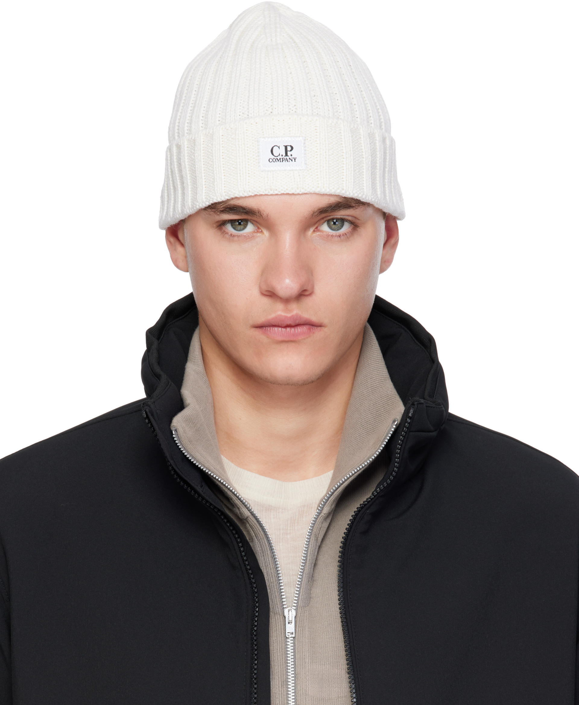 C.P. Company: White Extrafine Merino Wool Logo Beanie | SSENSE