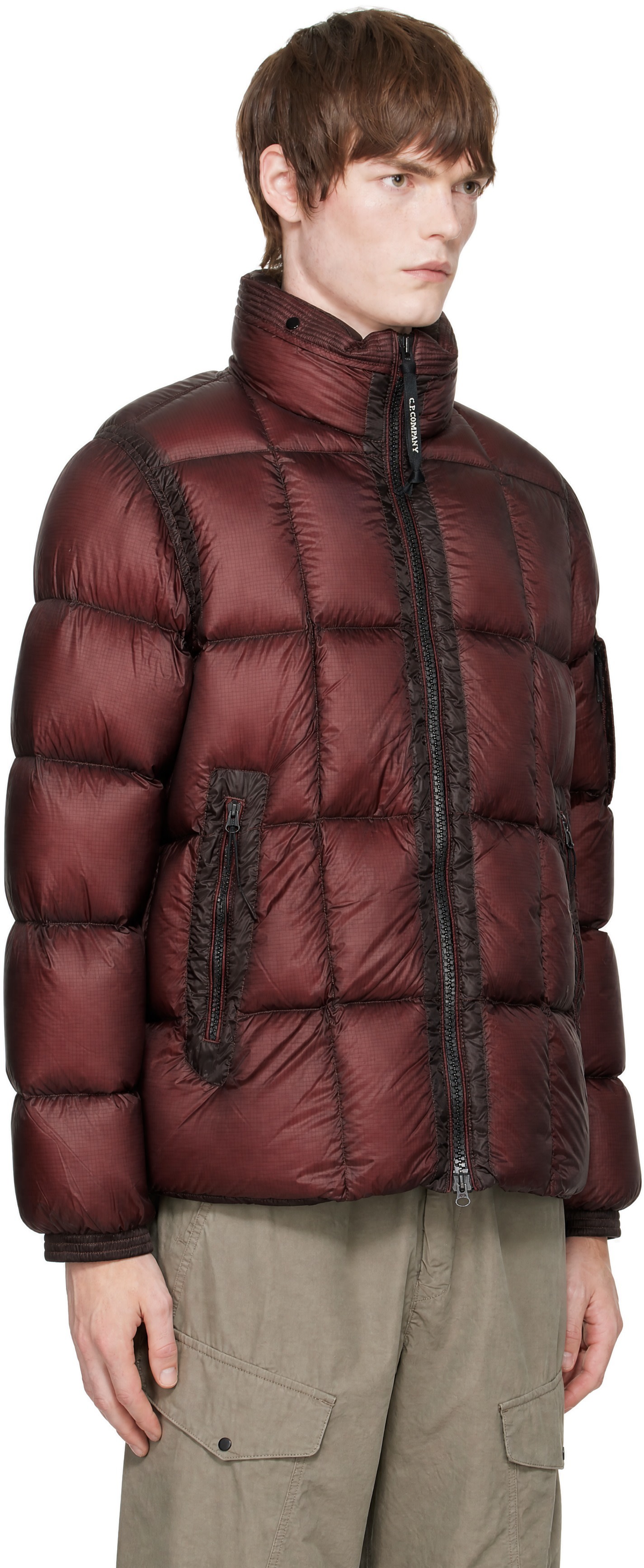 【限定】C.P. COMPANY D.D. SHELL Down Jacket C.P. Company: Burgundy D.D. Shell Lens Hooded Down Jacket | SSENSE