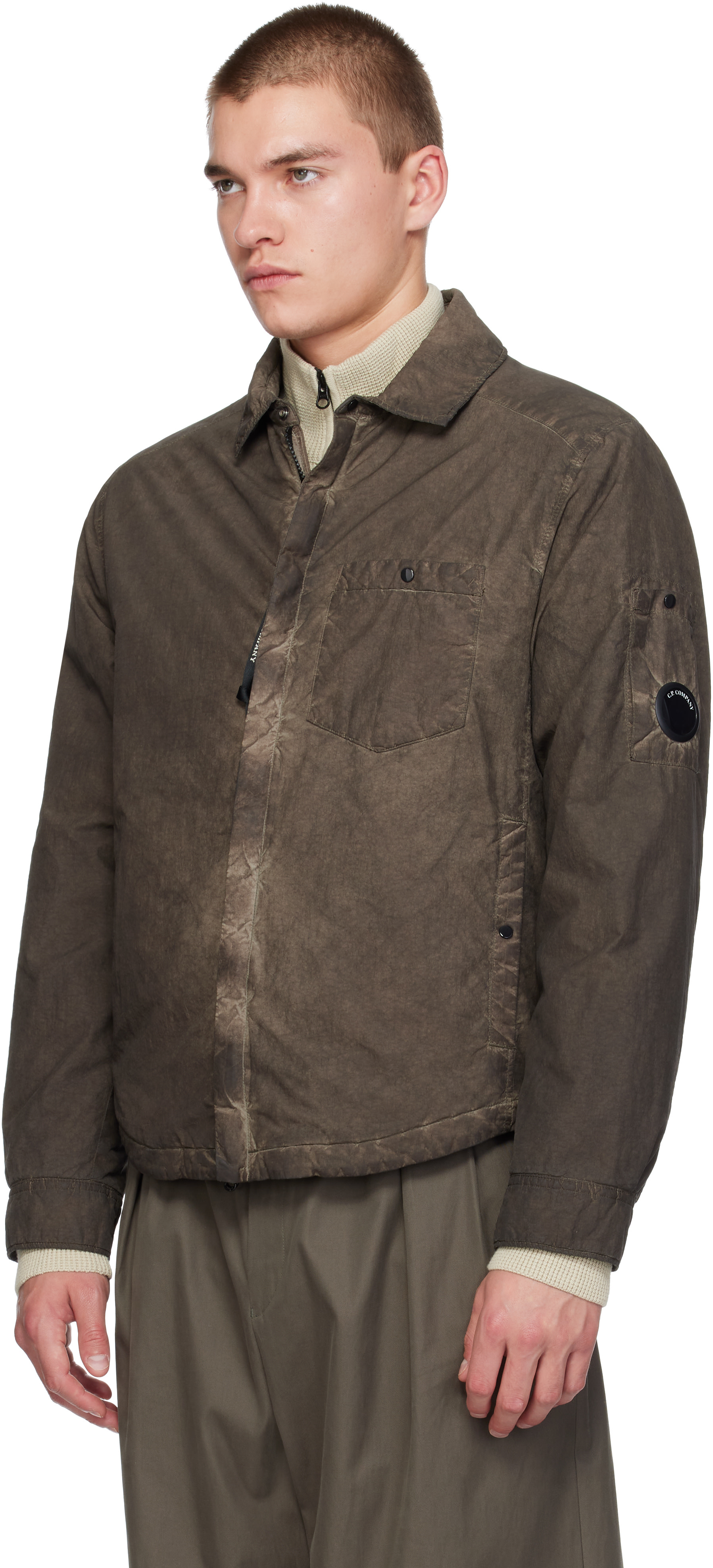 C.P. Company Flatt Nylon ジャケット C.P. Company: Brown Flatt Nylon Lens Padded Zipped Overshirt | SSENSE