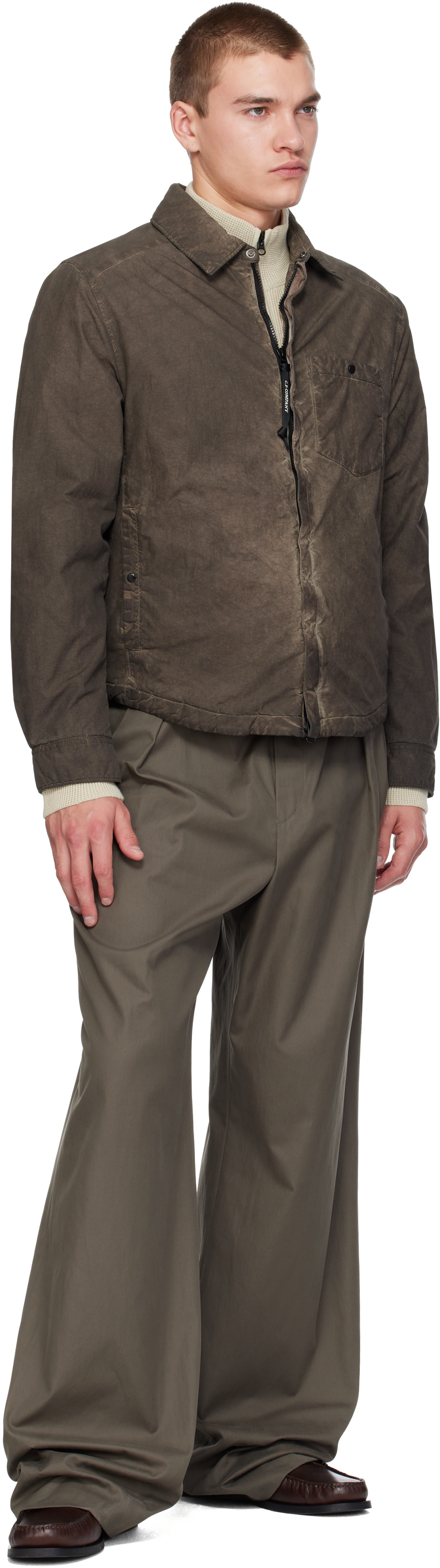 C.P. Company: Brown Flatt Nylon Lens Padded Zipped Overshirt | SSENSE