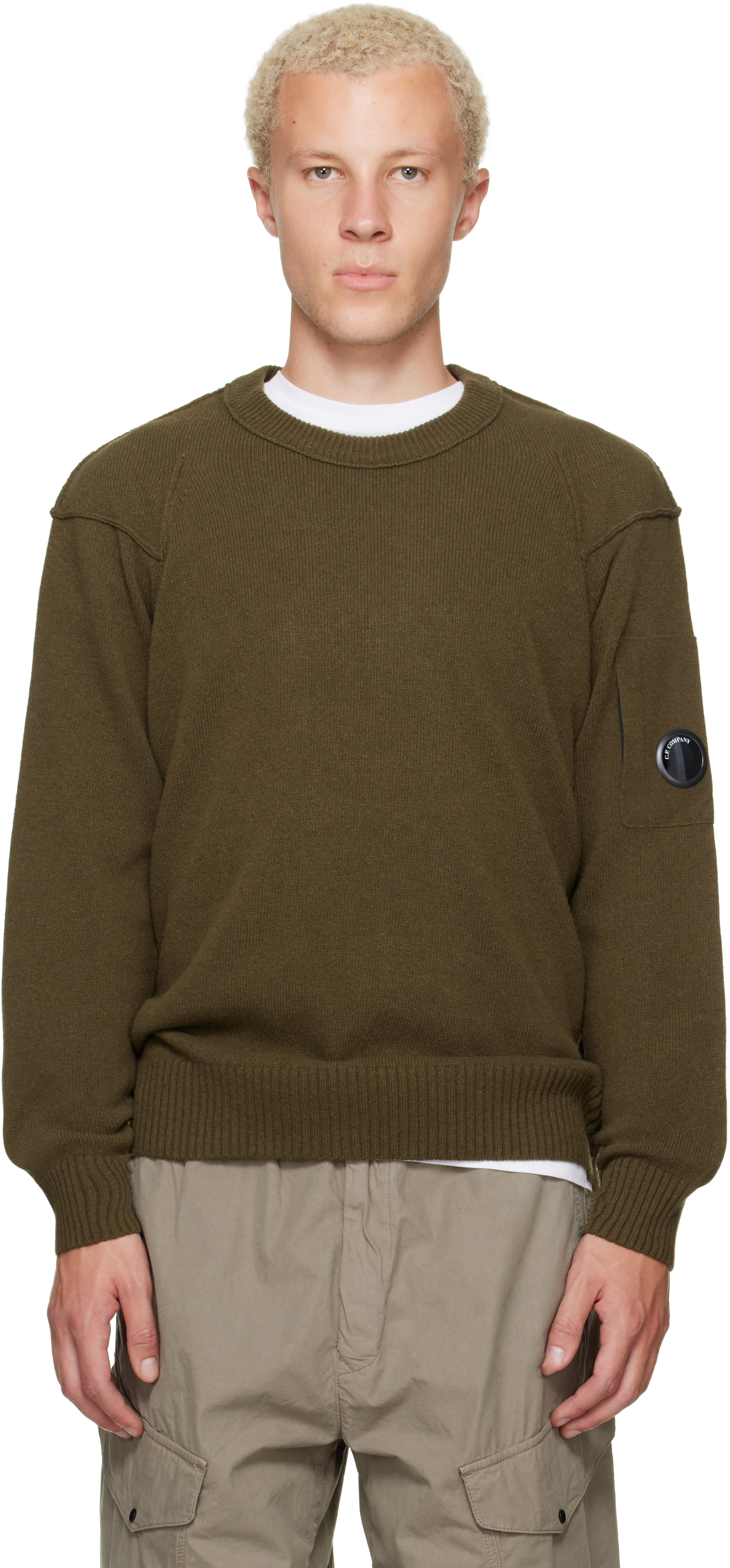 C.P. COMPANY ニット C.P. Company: Khaki Lambswool Lens Crewneck Contrast Sweater | SSENSE