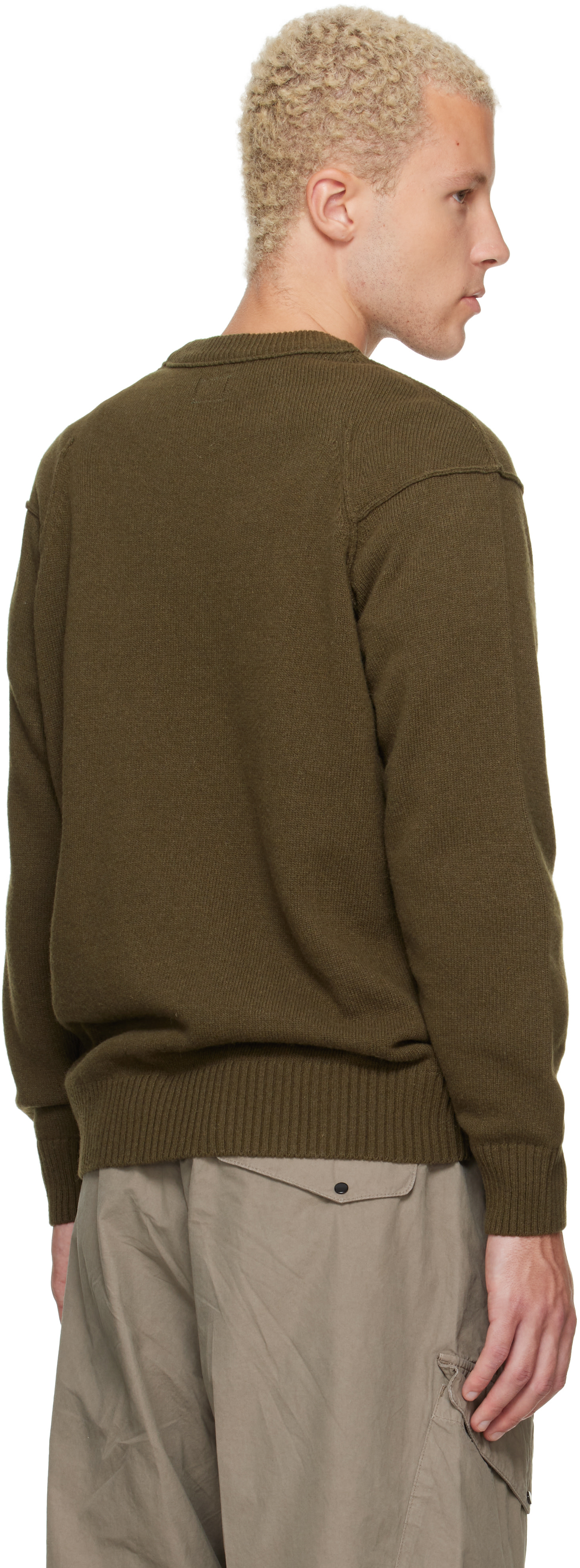C.P. Company: Khaki Lambswool Lens Crewneck Contrast Sweater | SSENSE