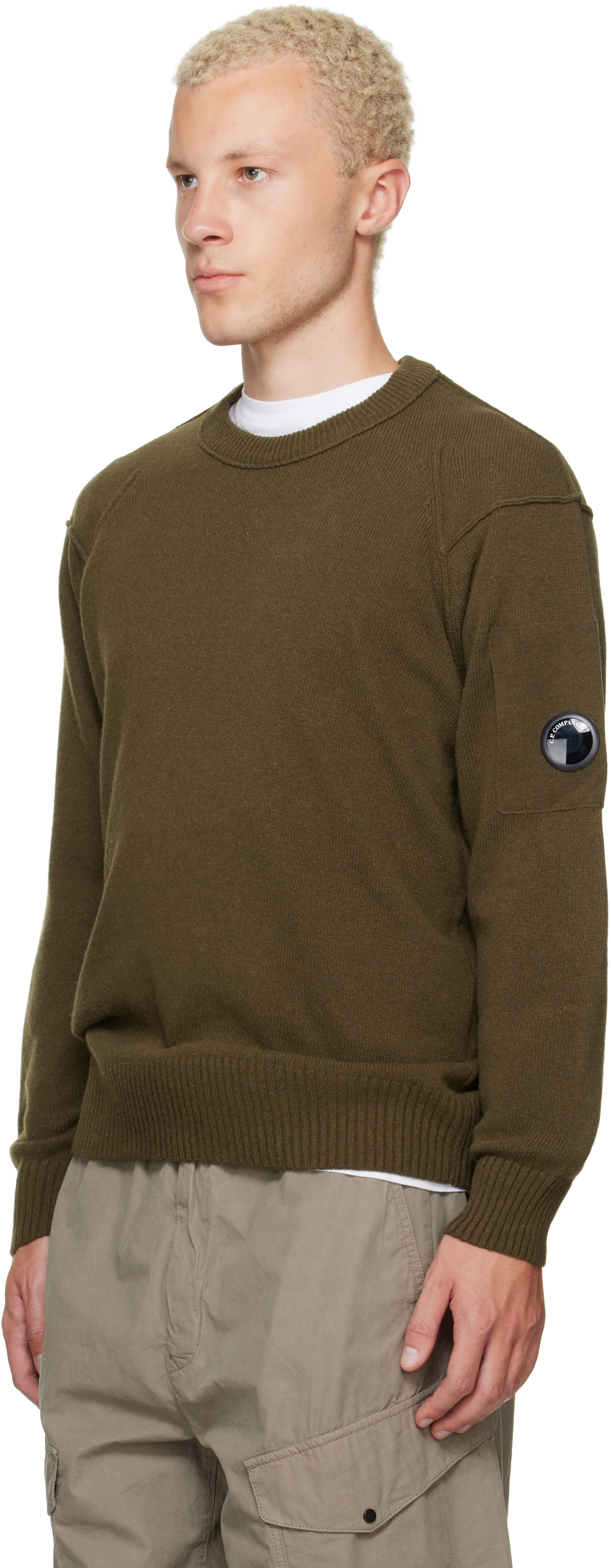 C.P. Company クルーネック ニット セーター カーキ C.P. Company: Khaki Lambswool Lens Crewneck Contrast Sweater | SSENSE