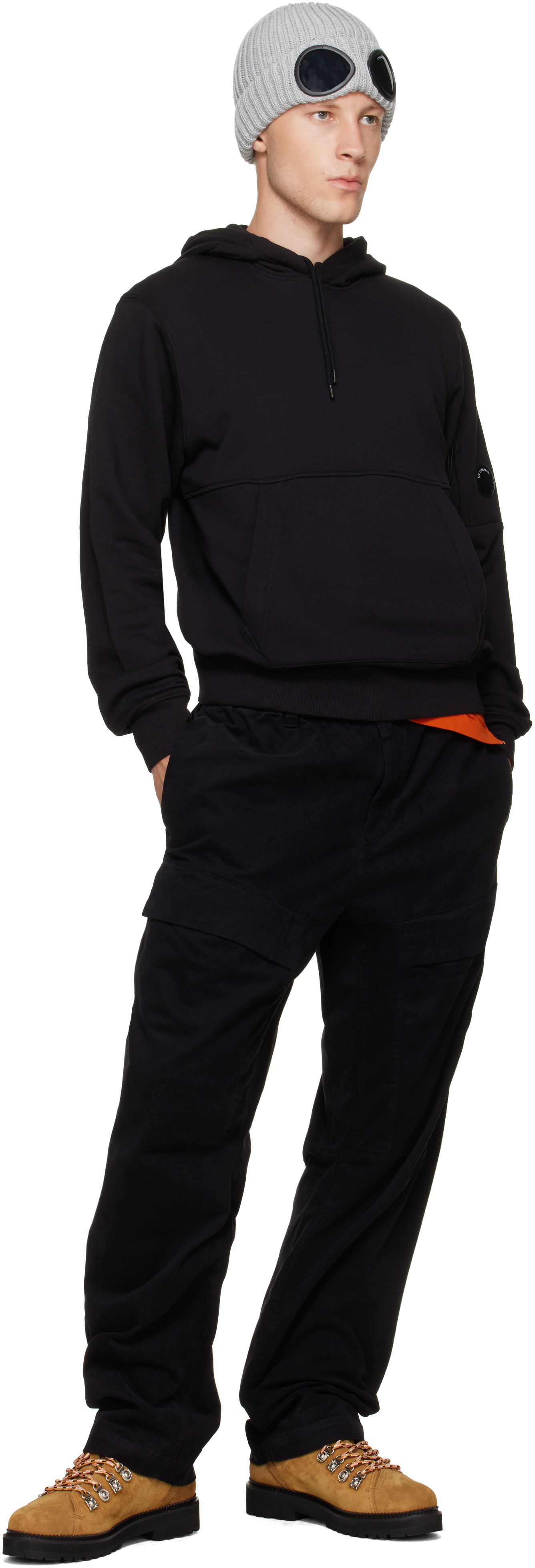 C.P. Company - Pull à capuche noir en molleton à lentille