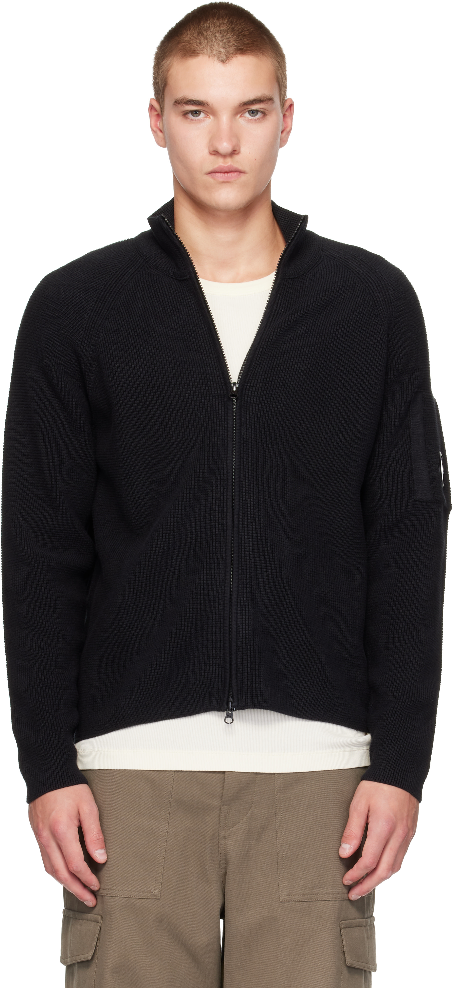 C.P. Company: ブラック Waffle Knit Cotton Zip Lens カーディガン