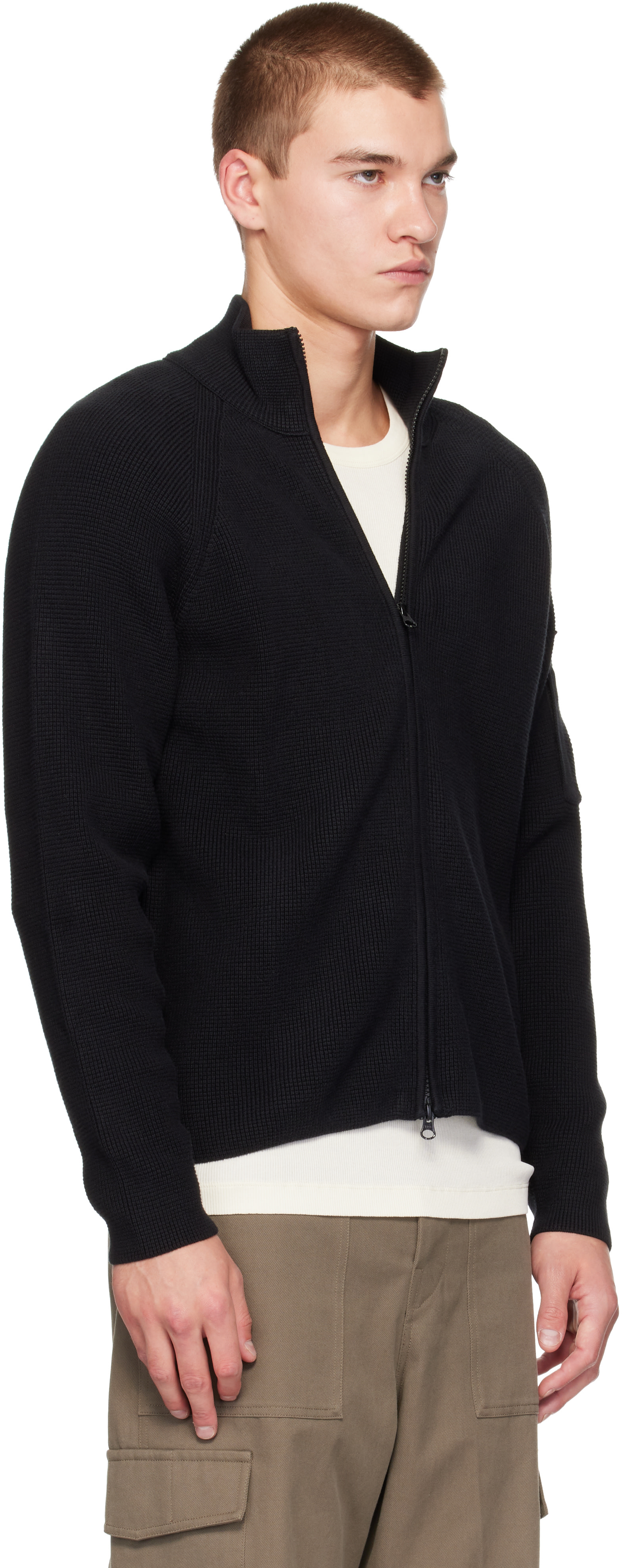 C.P. COMPANY ブラックフルジップニット C.P. Company: ブラック Waffle Knit Cotton Zip Lens カーディガン