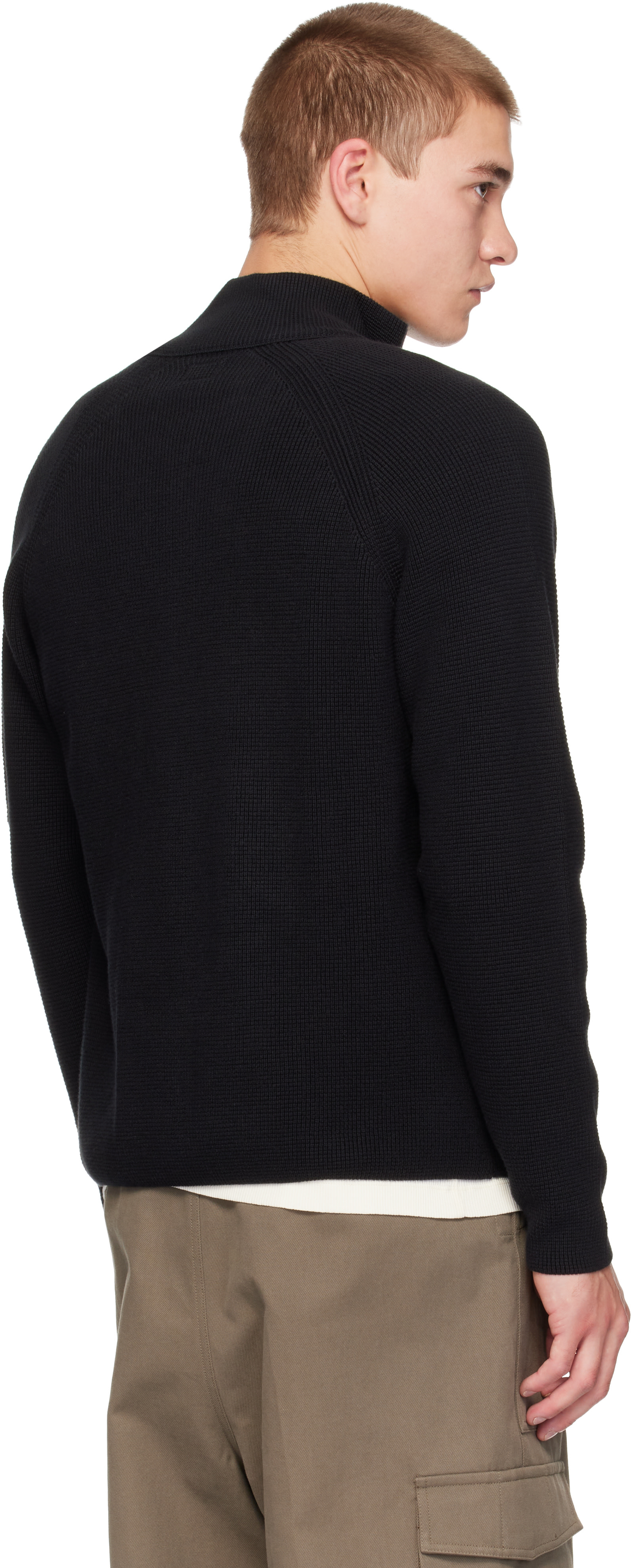 C.P. Company: Black Waffle Knit Cotton Zip Lens Cardigan | SSENSE