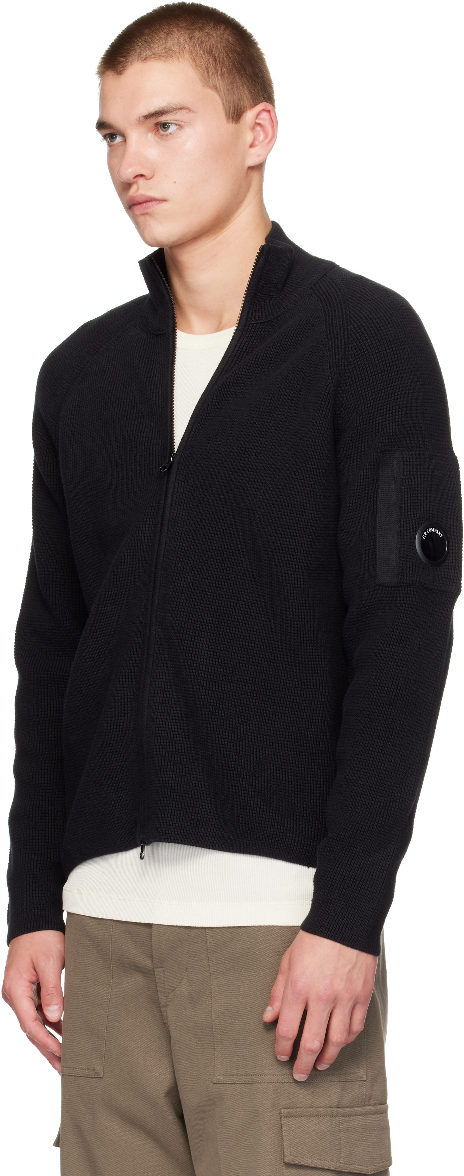 C.P. COMPANY ブラックフルジップニット C.P. Company: ブラック Waffle Knit Cotton Zip Lens カーディガン