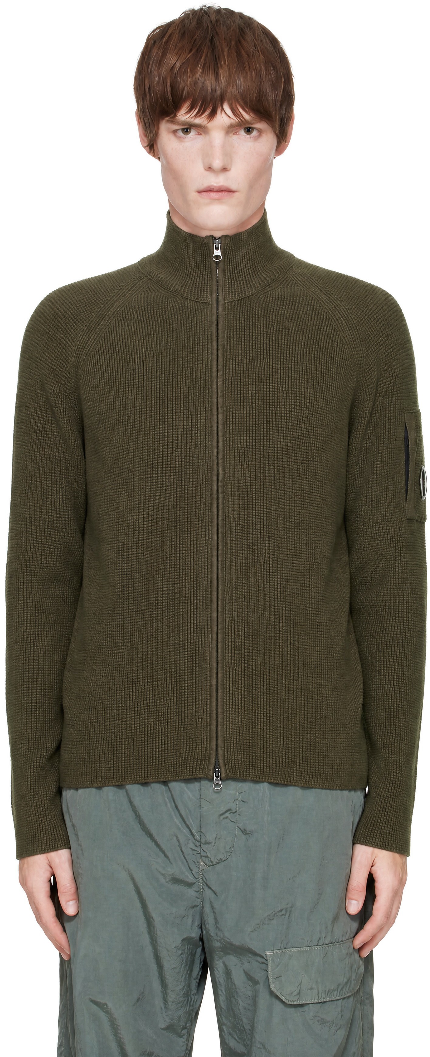 C.P. Company: Khaki Waffle Knit Cotton Zip Lens Sweater | SSENSE