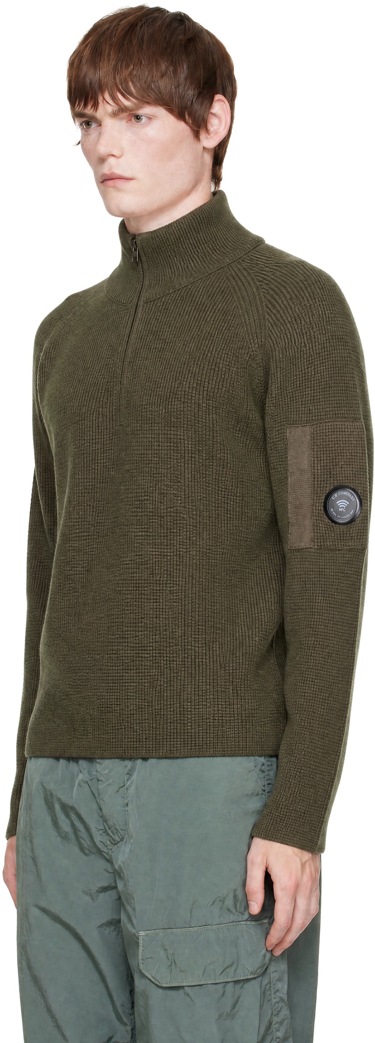 C.P. Company: Khaki Waffle Knit Cotton Zip Lens Sweater | SSENSE