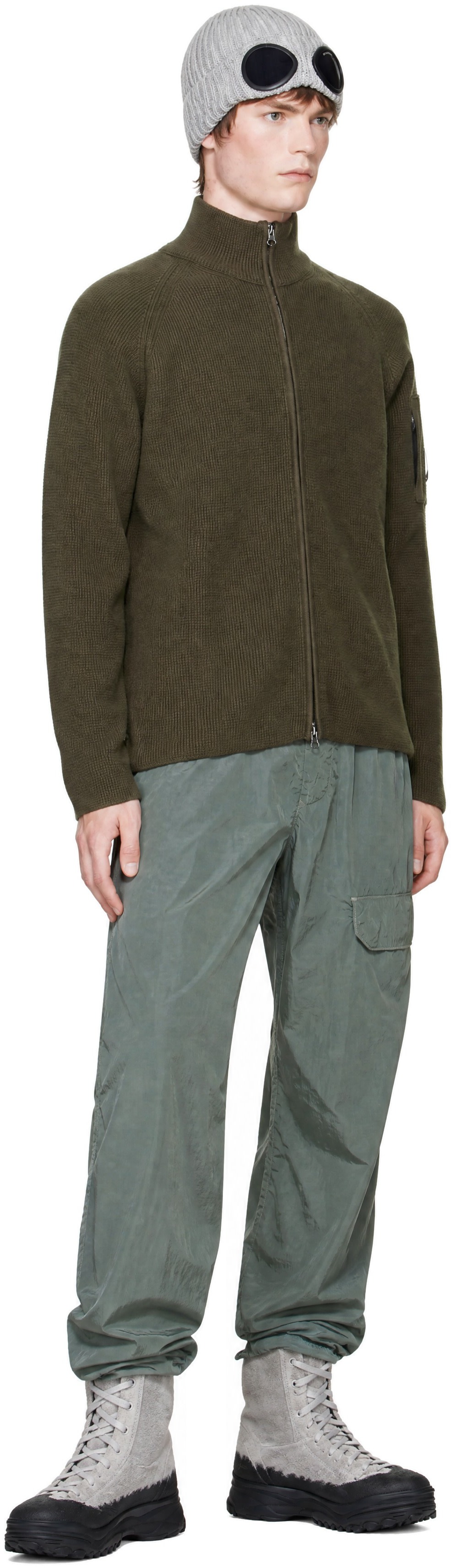 C.P. Company: Khaki Waffle Knit Cotton Zip Lens Sweater | SSENSE