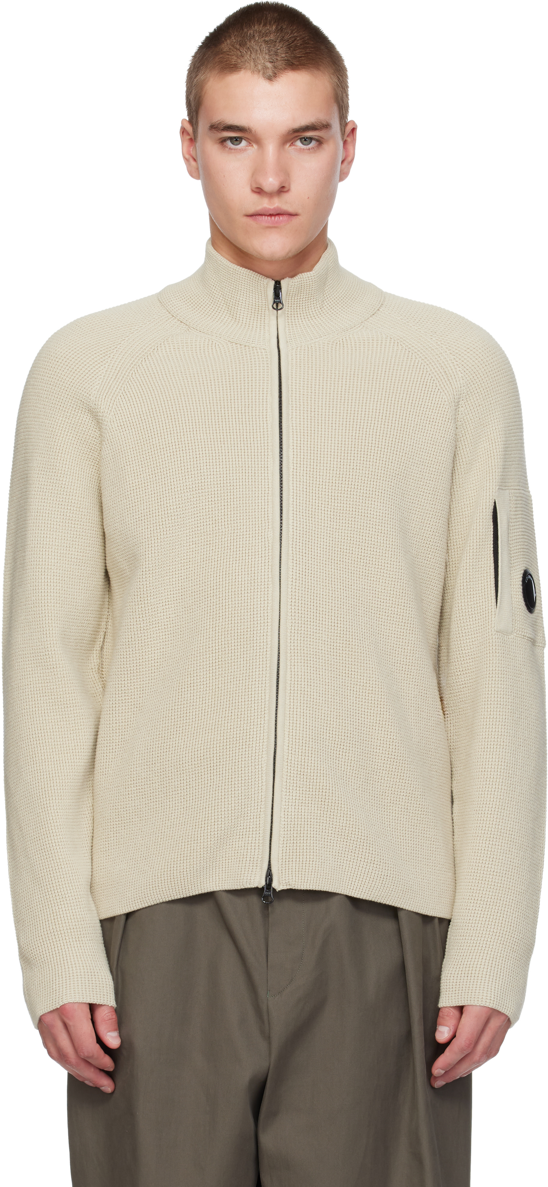 C.P. Company: ベージュ Waffle Knit Cotton Zip Lens ジャケット