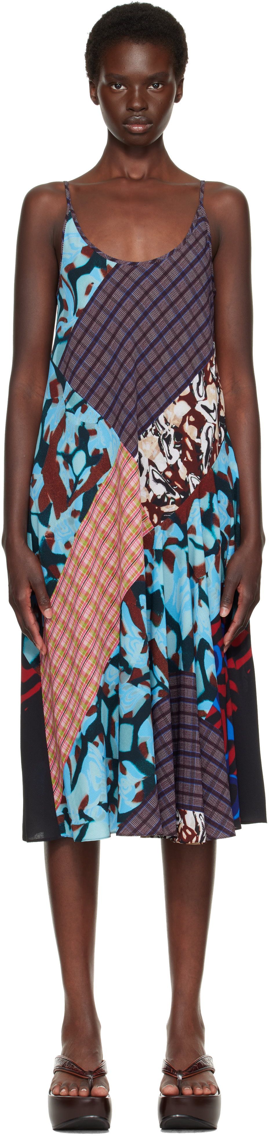 DRIES VAN NOTEN コレクションワンピース Dries Van Noten: レッド＆ブルー Printed Slip ミディアムワンピース