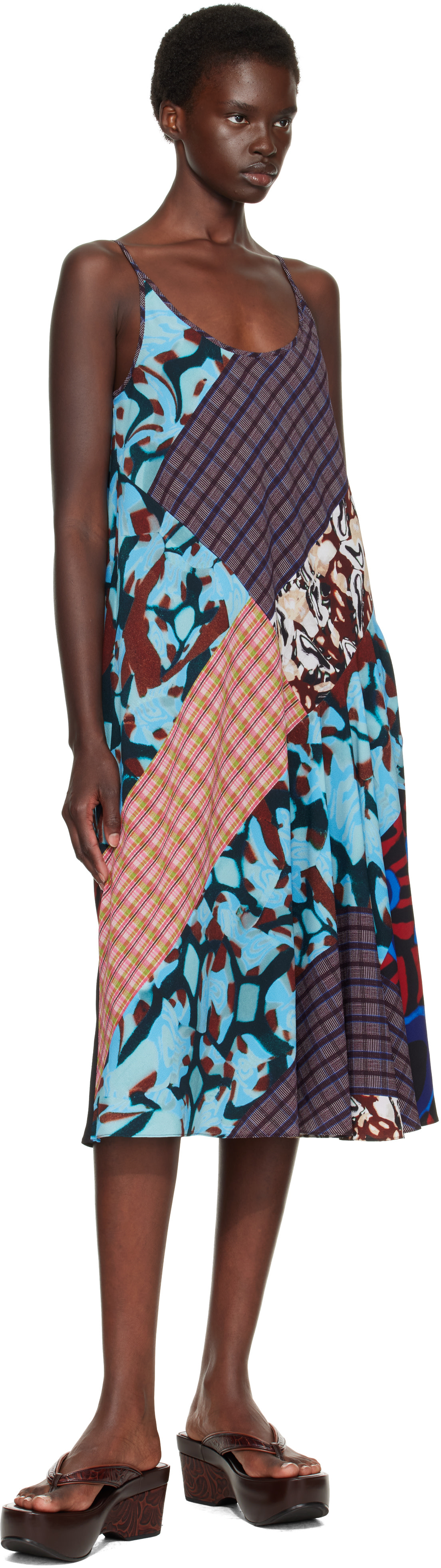 Dries Van Noten: レッド＆ブルー Printed Slip ミディアムワンピース
