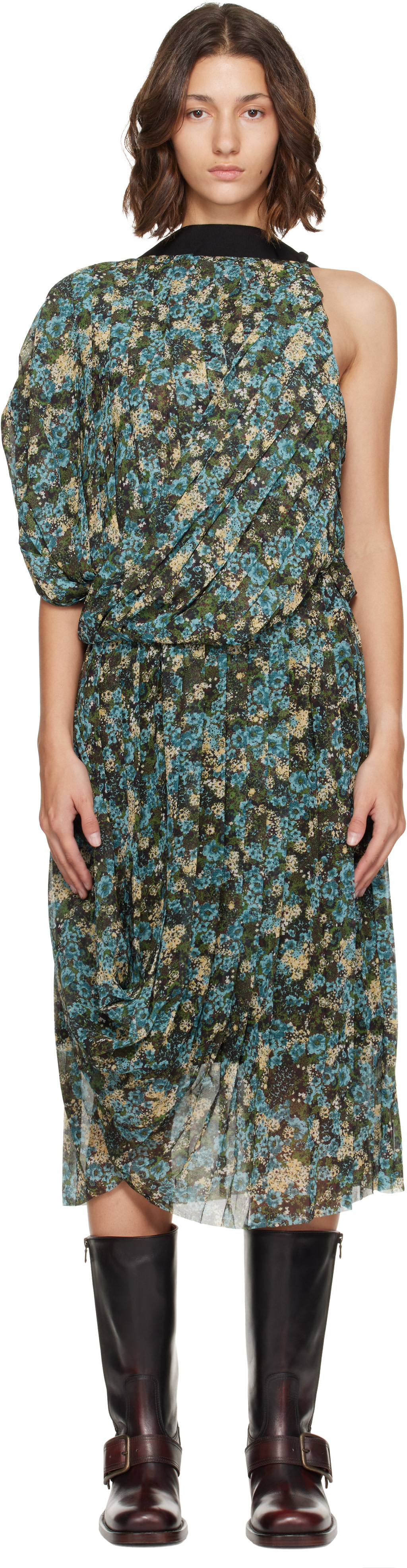 Dries Van Noten: Blue Asymmetrical Pleated Midi Dress | SSENSE