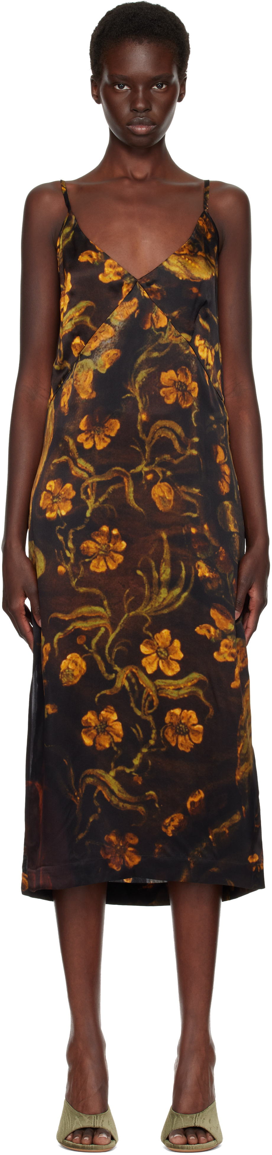 Dries Van Noten: ブラック サテン ミディアムワンピース | SSENSE 日本