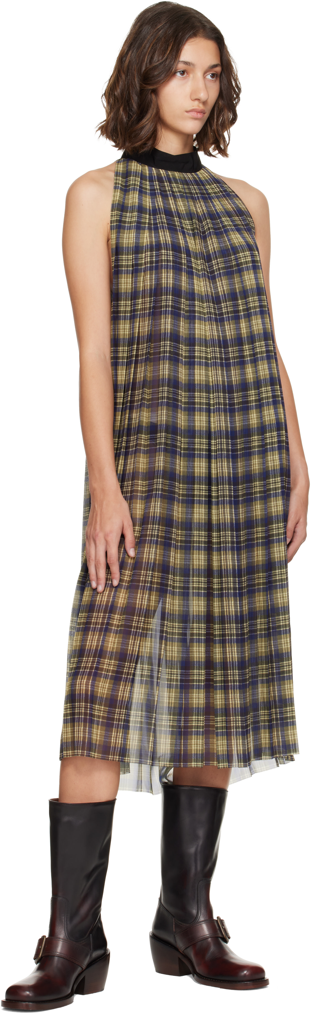 Dries Van Noten: Blue & Green Pleated Check Chiffon Midi Dress